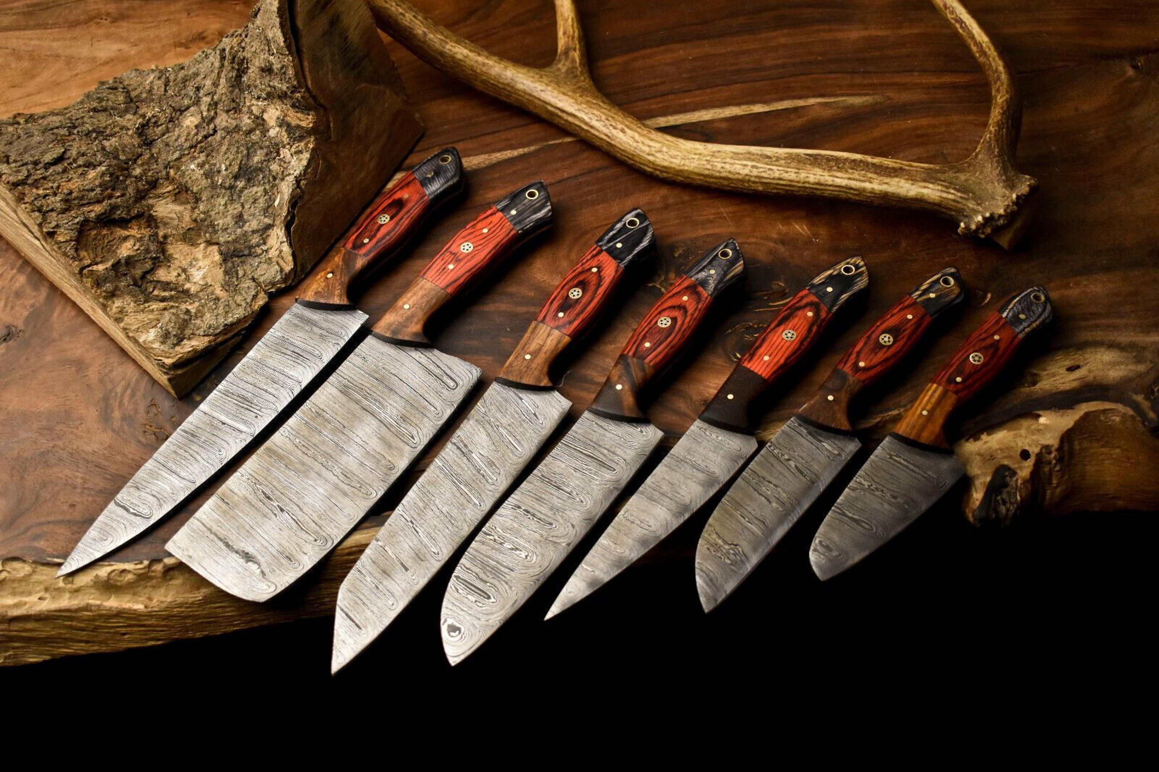 7 handmade damascus steel chef knife set | custom full tang professional kitchen knives
