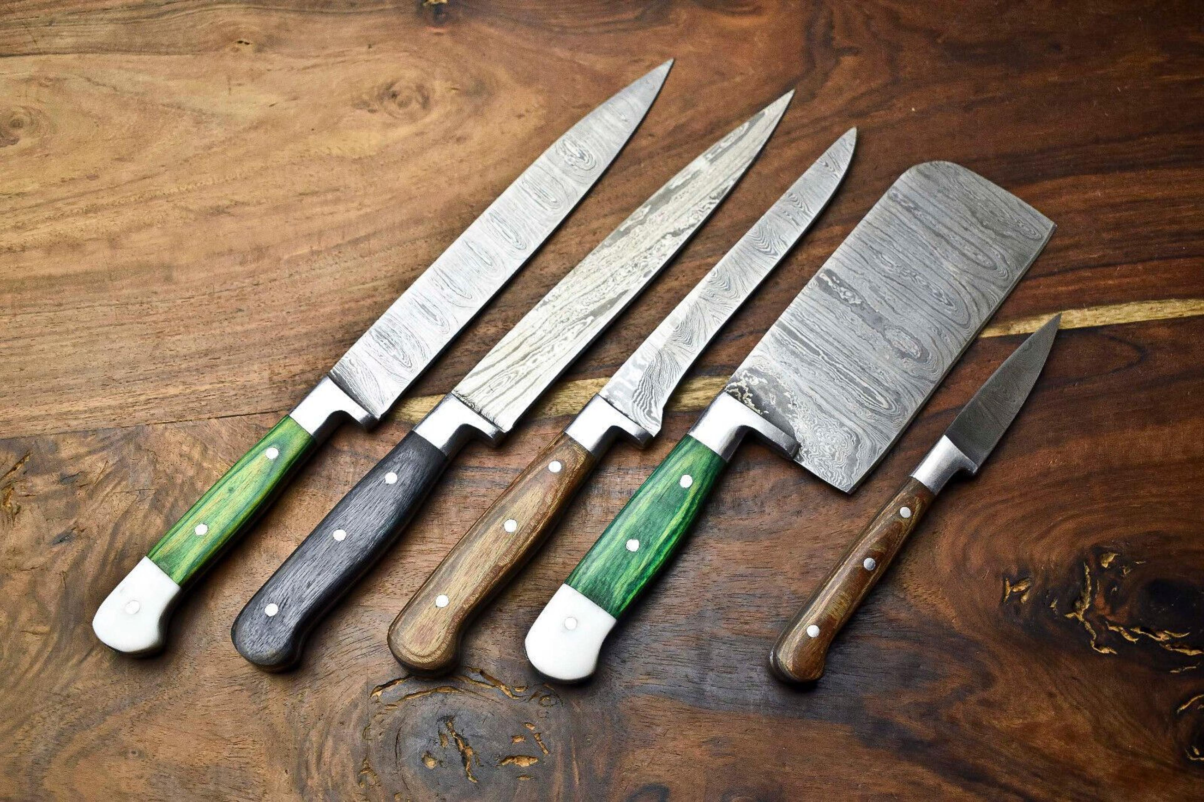 5 handmade damascus steel chef knives set | hammered full tang kitchen knife collection