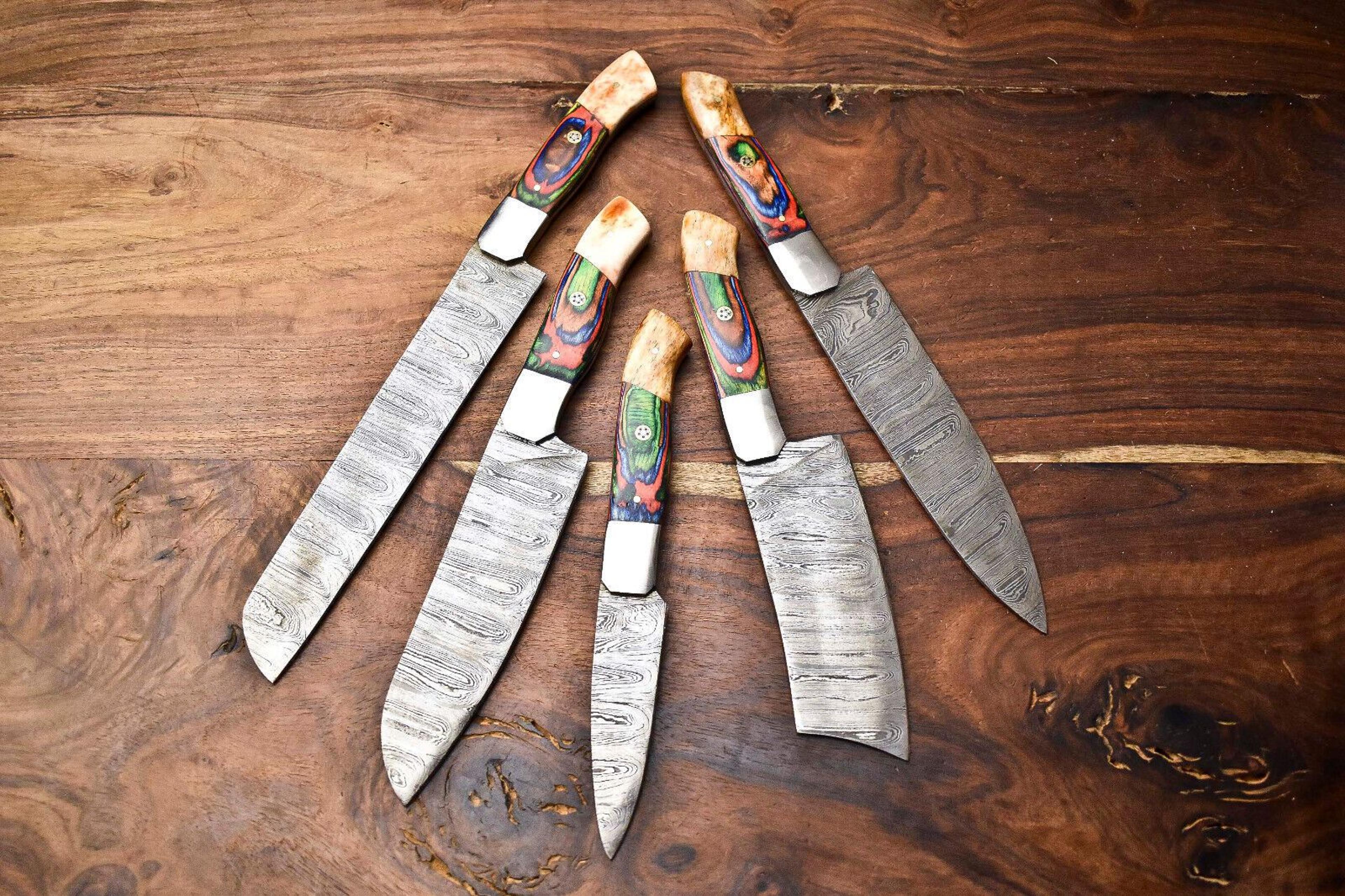 custom damascus steel chef knife set | handmade 5-piece hammered kitchen knives collection