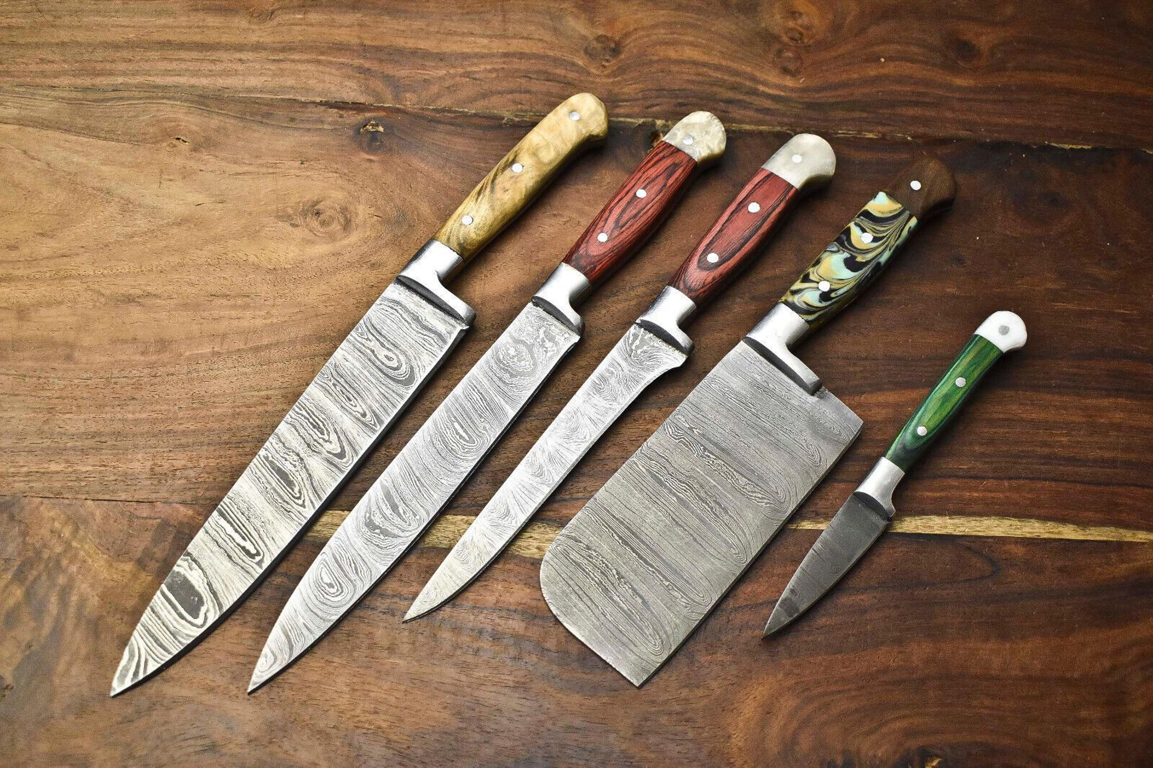 5 professional handmade damascus chef knives | full tang hammered steel blades
