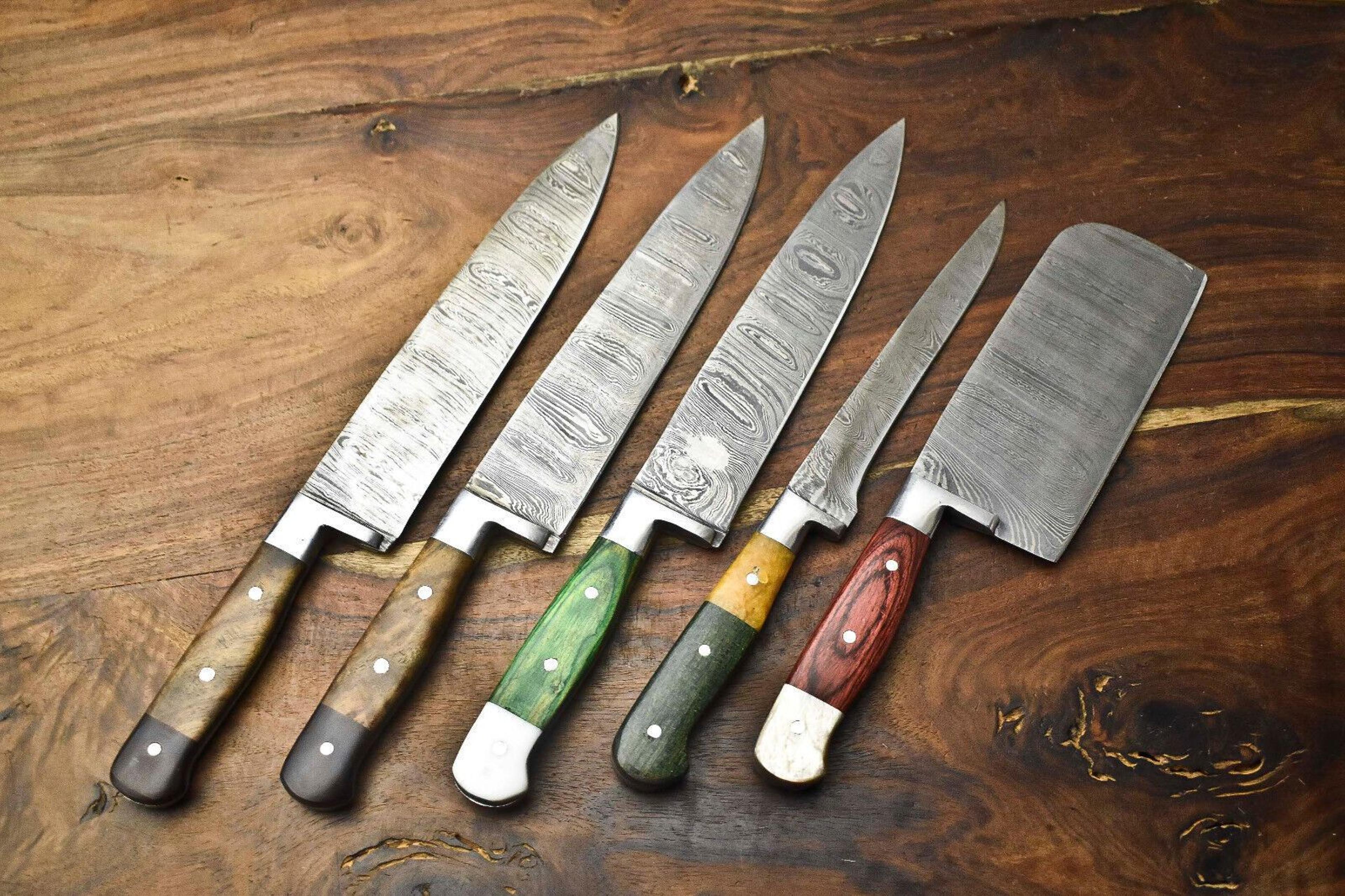 hand forged damascus steel chef knives | set of 5 handmade hammered kitchen cutlery