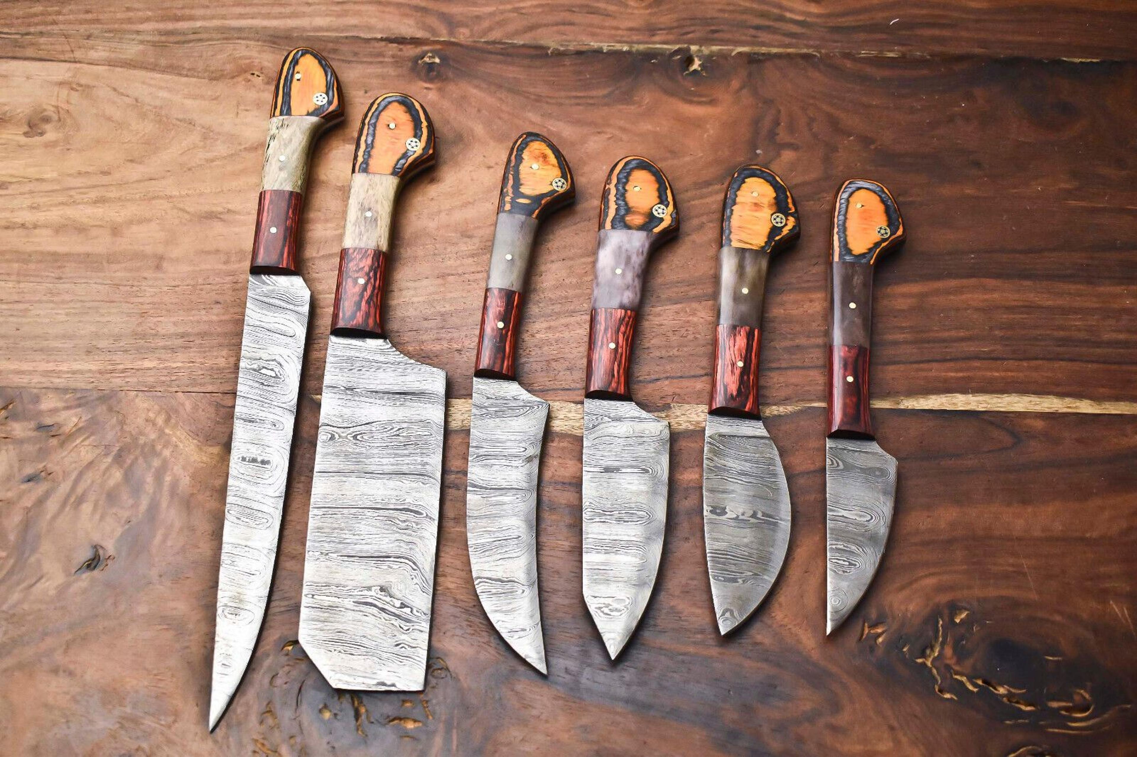 professional 6-piece damascus steel chef knives | handmade hammered kitchen knife collection