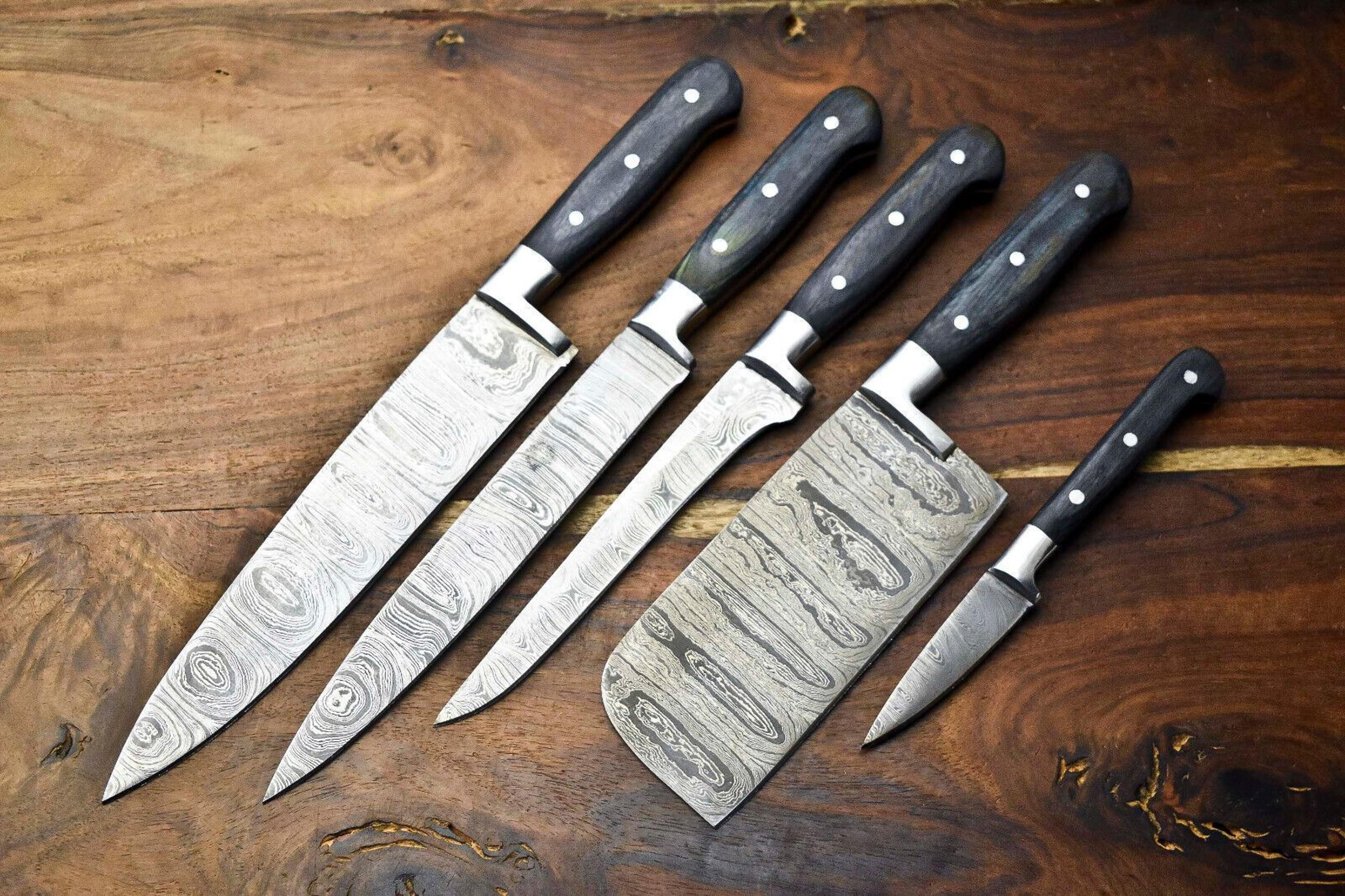 custom lot of 5 handmade damascus steel chef knife set | premium hammered kitchen knives