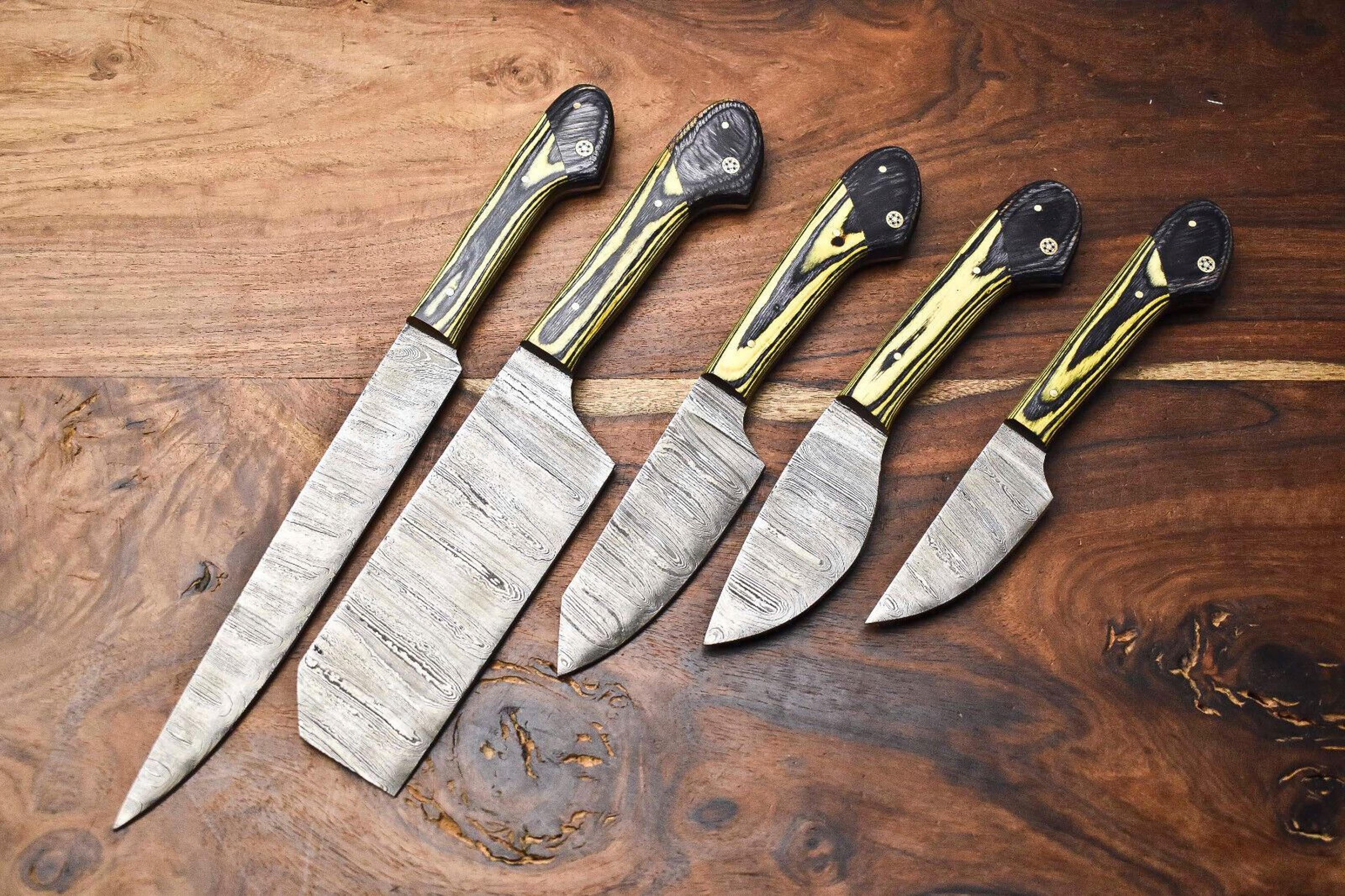 professional 5-piece damascus chef knives set | handmade hammered steel blades