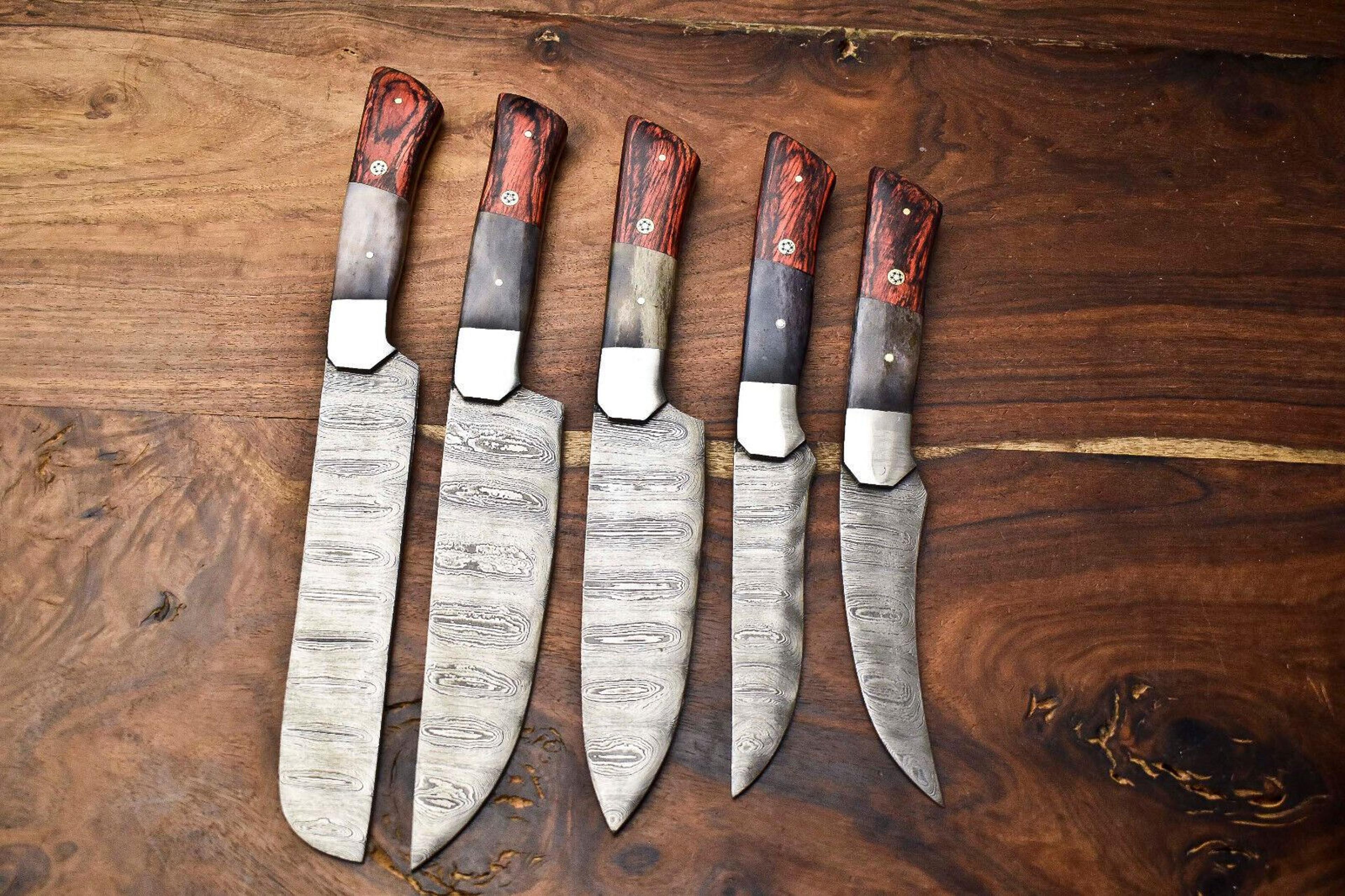 custom handmade hammered damascus steel chef knife set | lot of 5 kitchen tools
