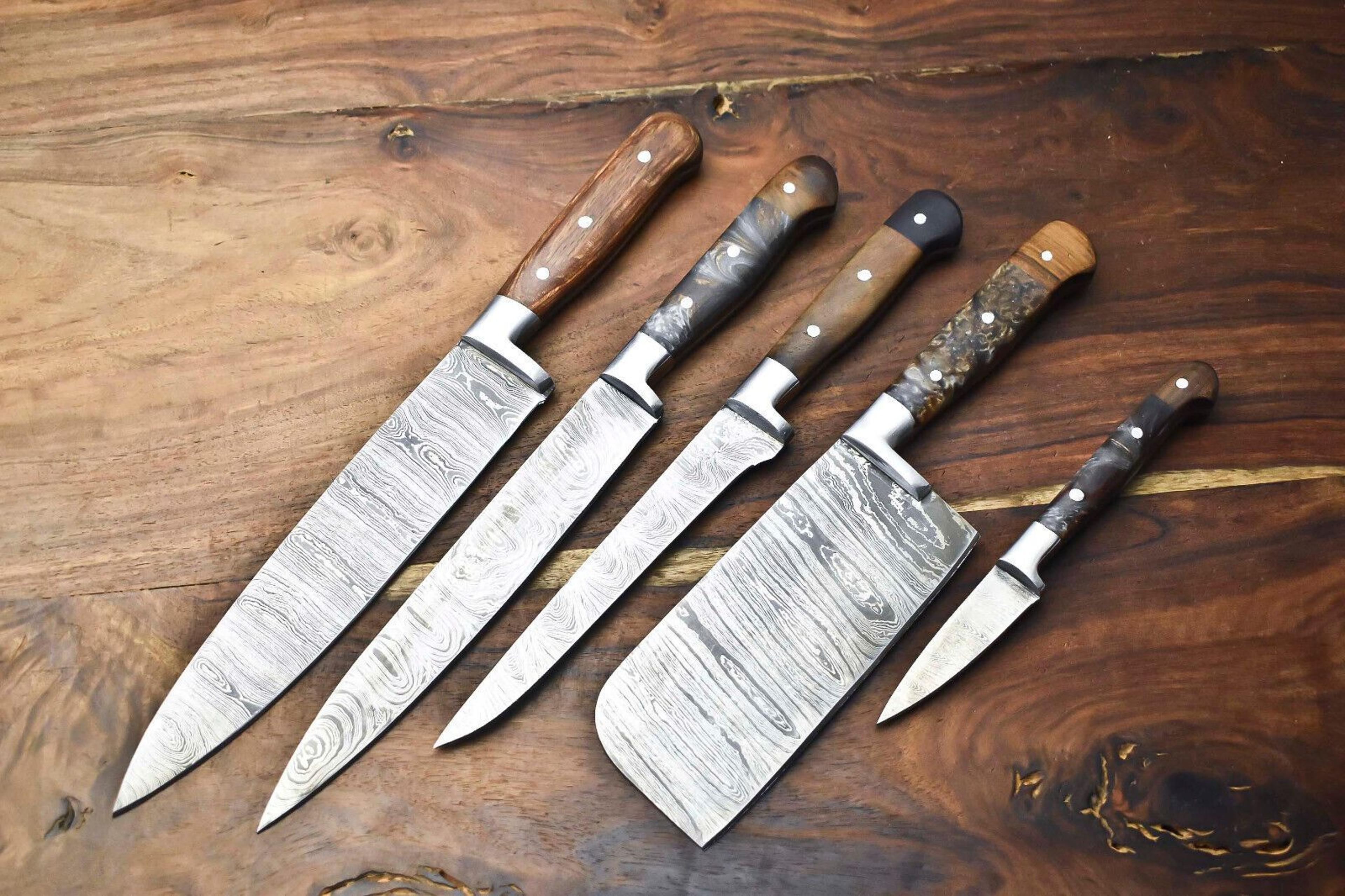 custom 5 handmade hammered damascus steel chef knives set | professional kitchen cutlery collection