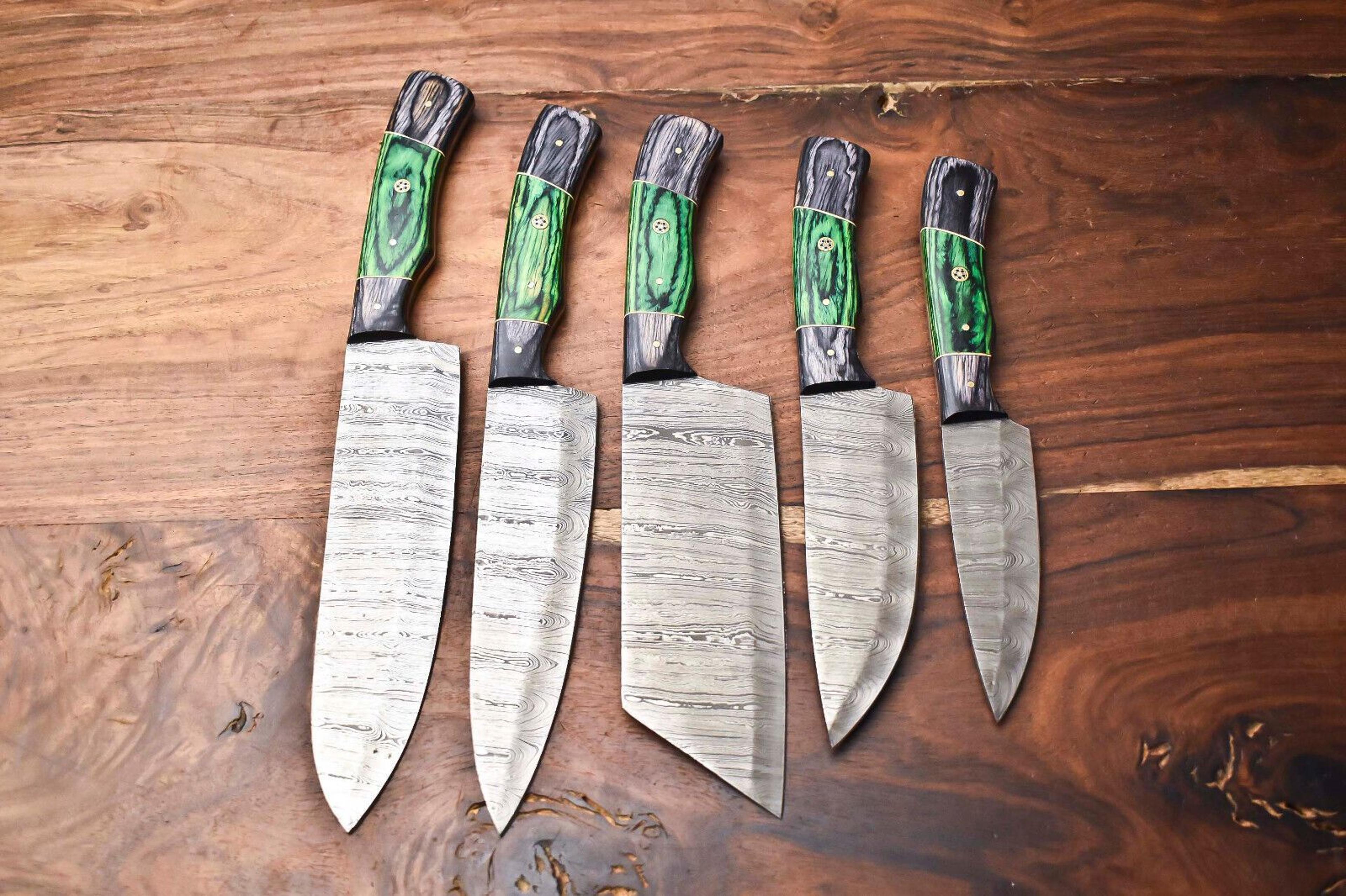 professional 5-piece damascus steel chef knife set | handmade full tang blades