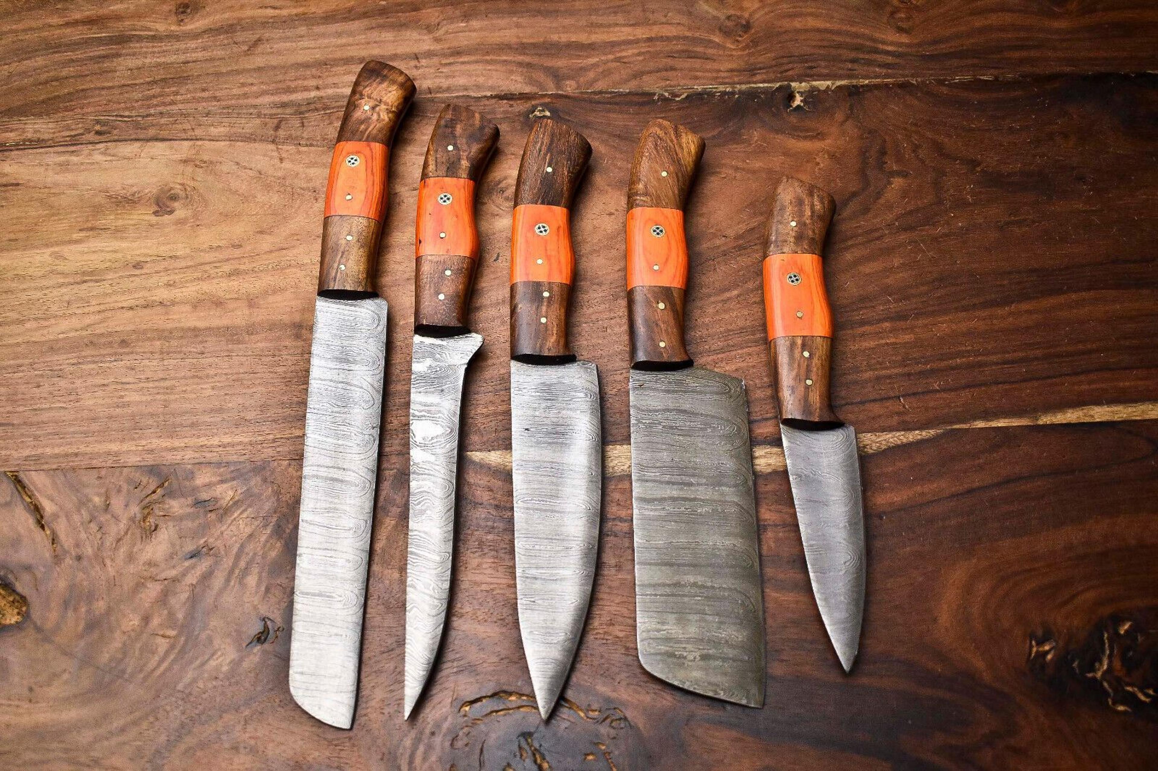 luxury handmade damascus chef knife set | 5-piece hammered steel blades
