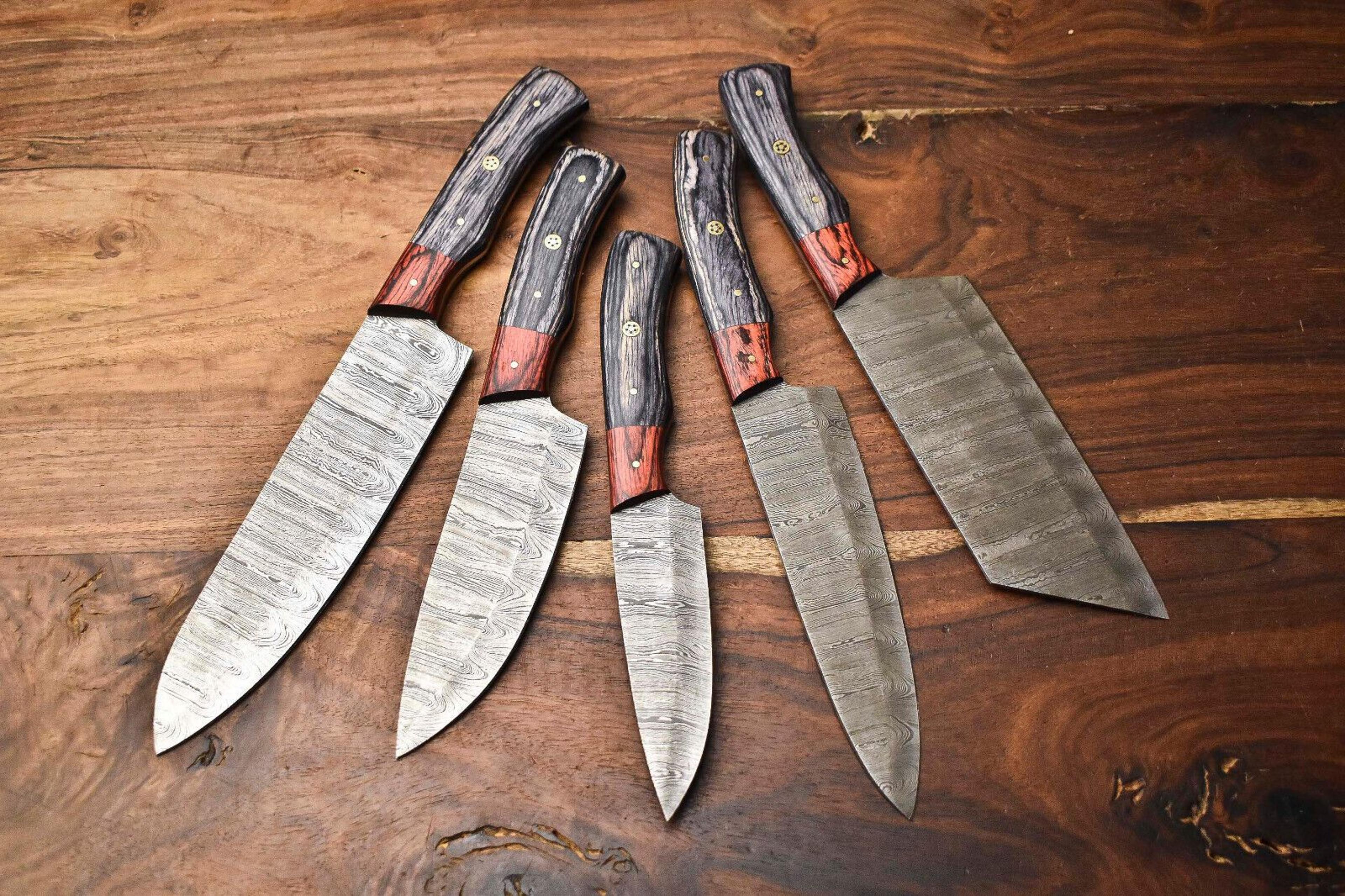 handcrafted damascus steel chef knives | lot of 5 hammered kitchen cutlery set