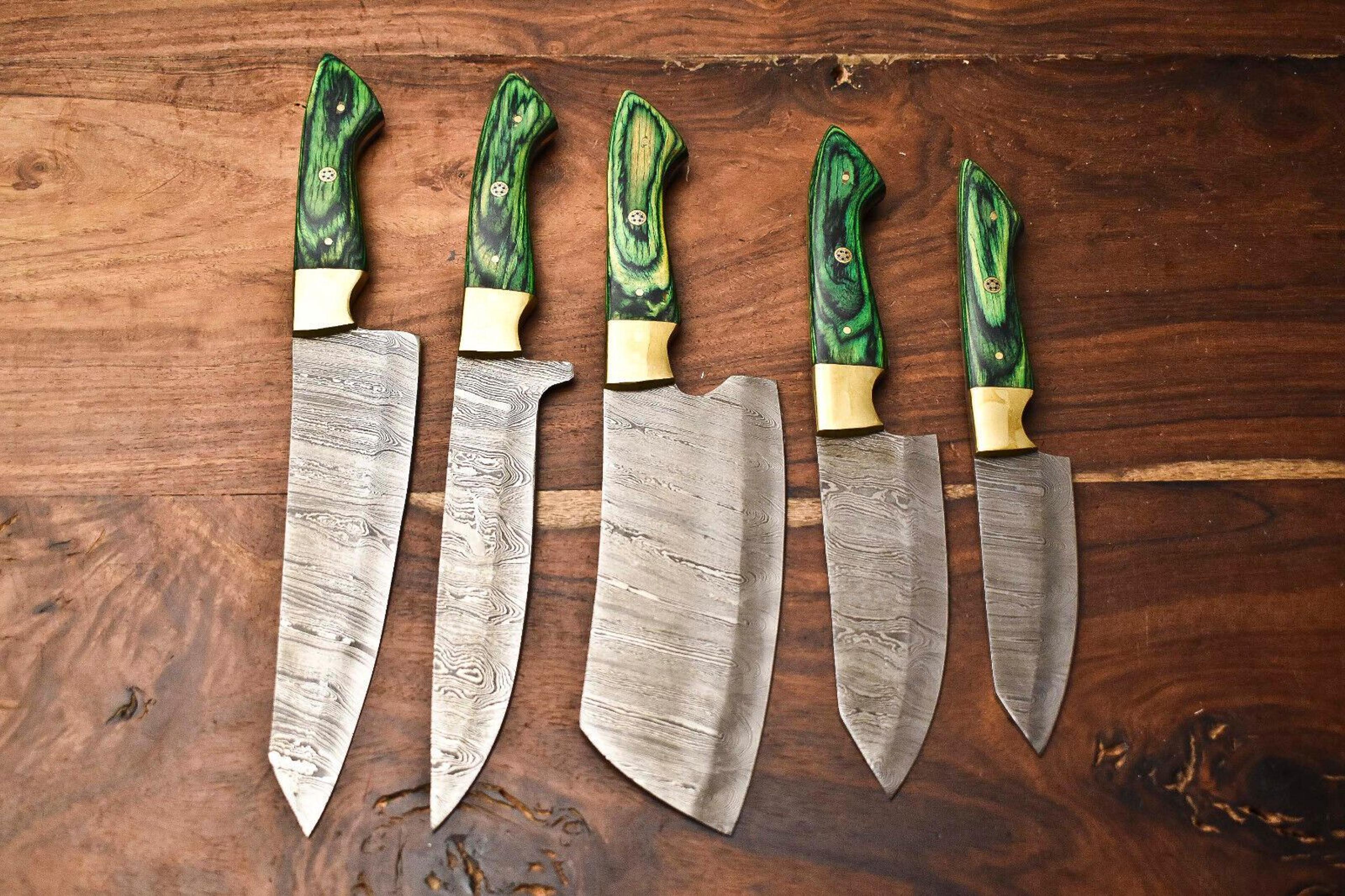 custom 5 damascus chef knives | handmade hammered steel kitchen set