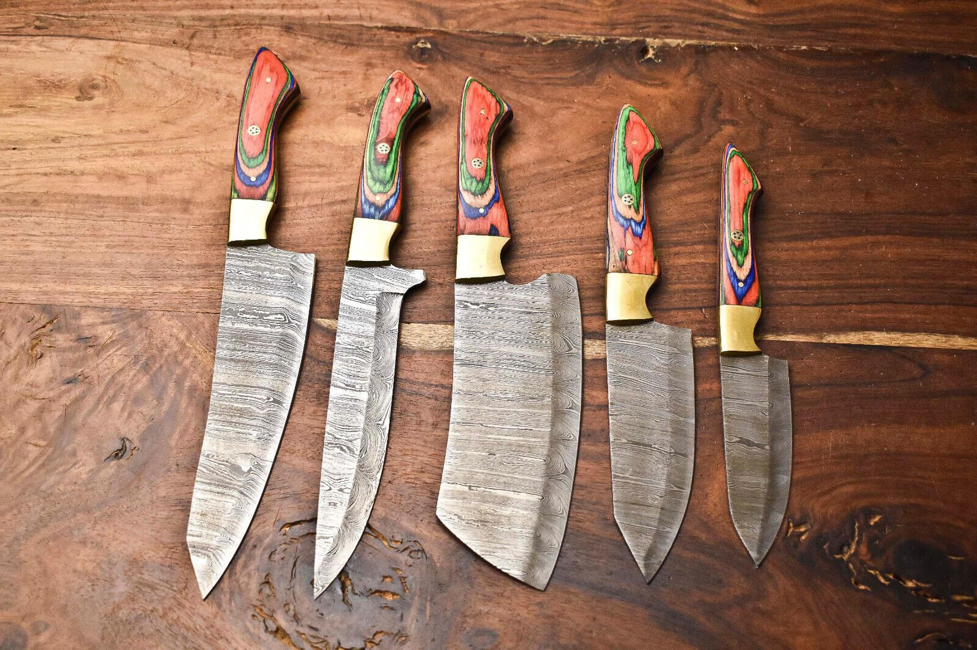 custom damascus chef knife set of 5 | handmade hammered steel kitchen knives