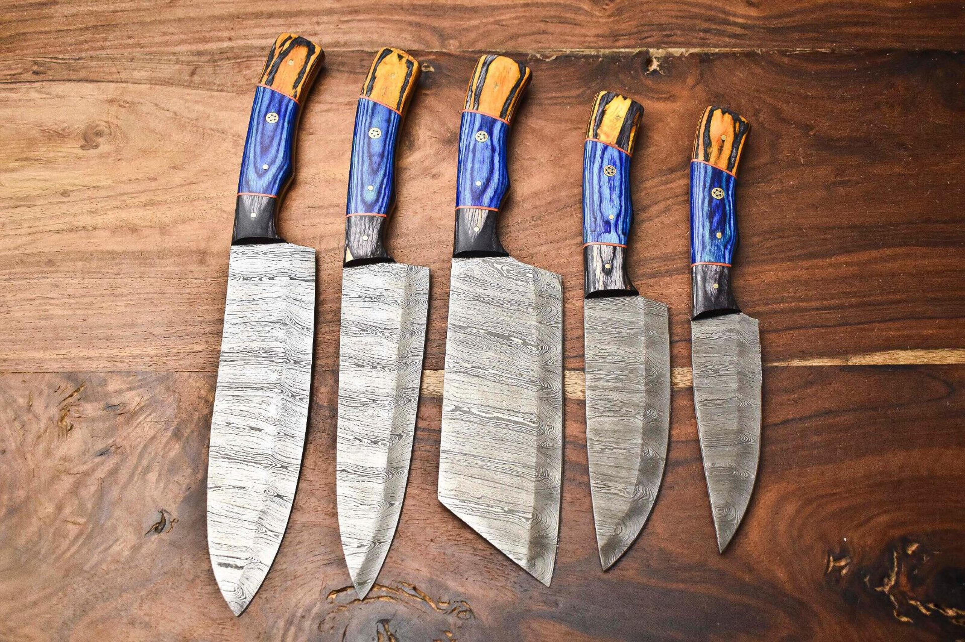 5-piece handmade damascus steel chef knife set | custom hammered kitchen cutlery