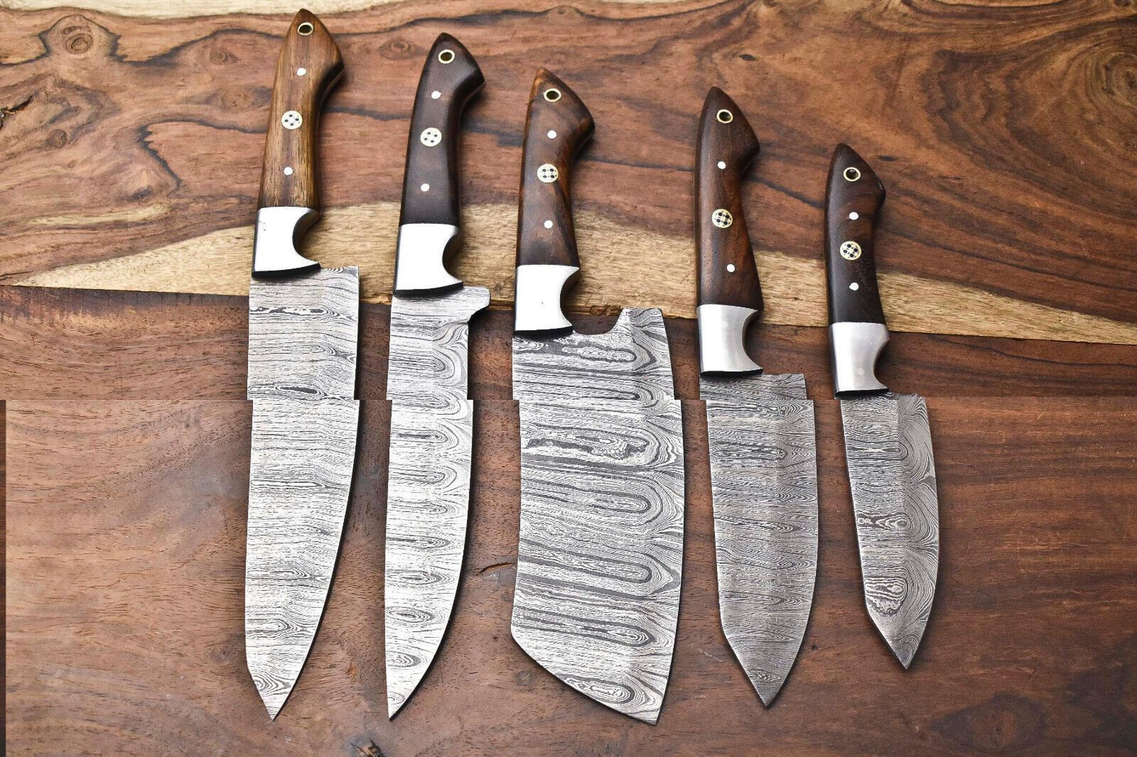 5 handmade damascus steel chef knives | custom hammered blade set