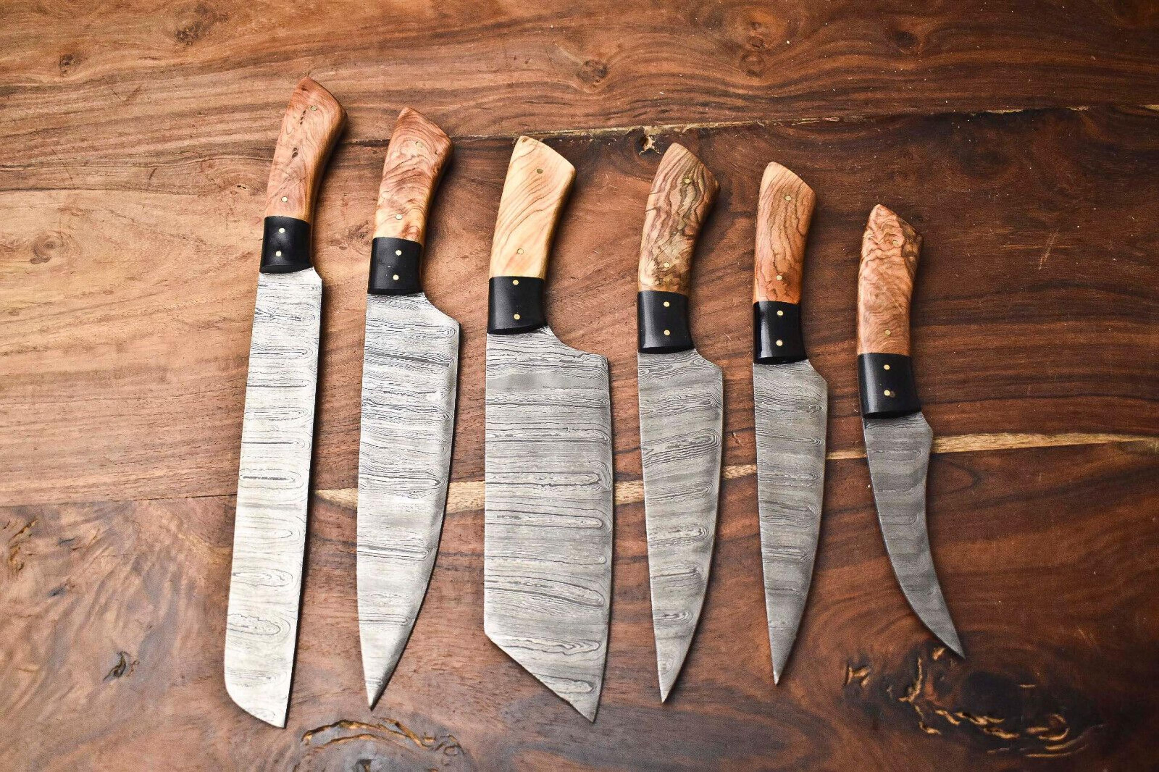 premium damascus 6pc chef knife set – elegant pattern, wooden handle, sharp handmade blades