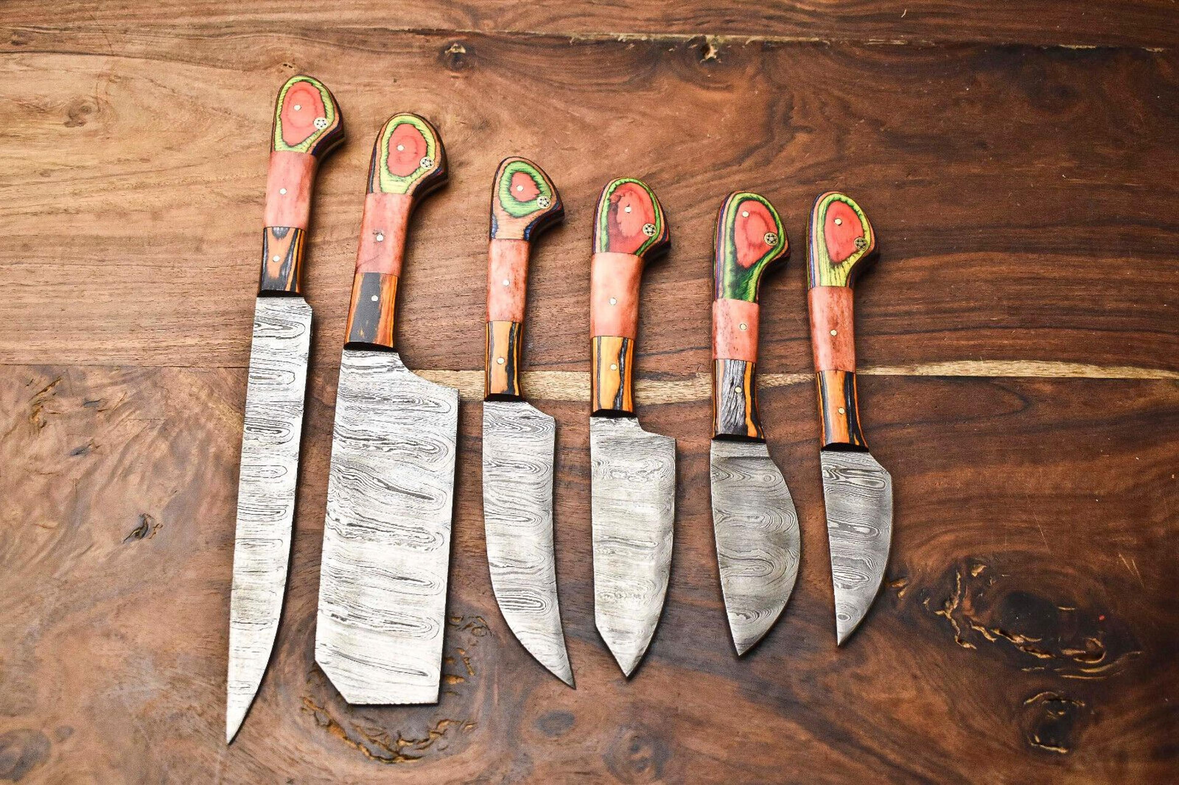 custom 6 handmade hammered damascus steel chef knives set | professional kitchen