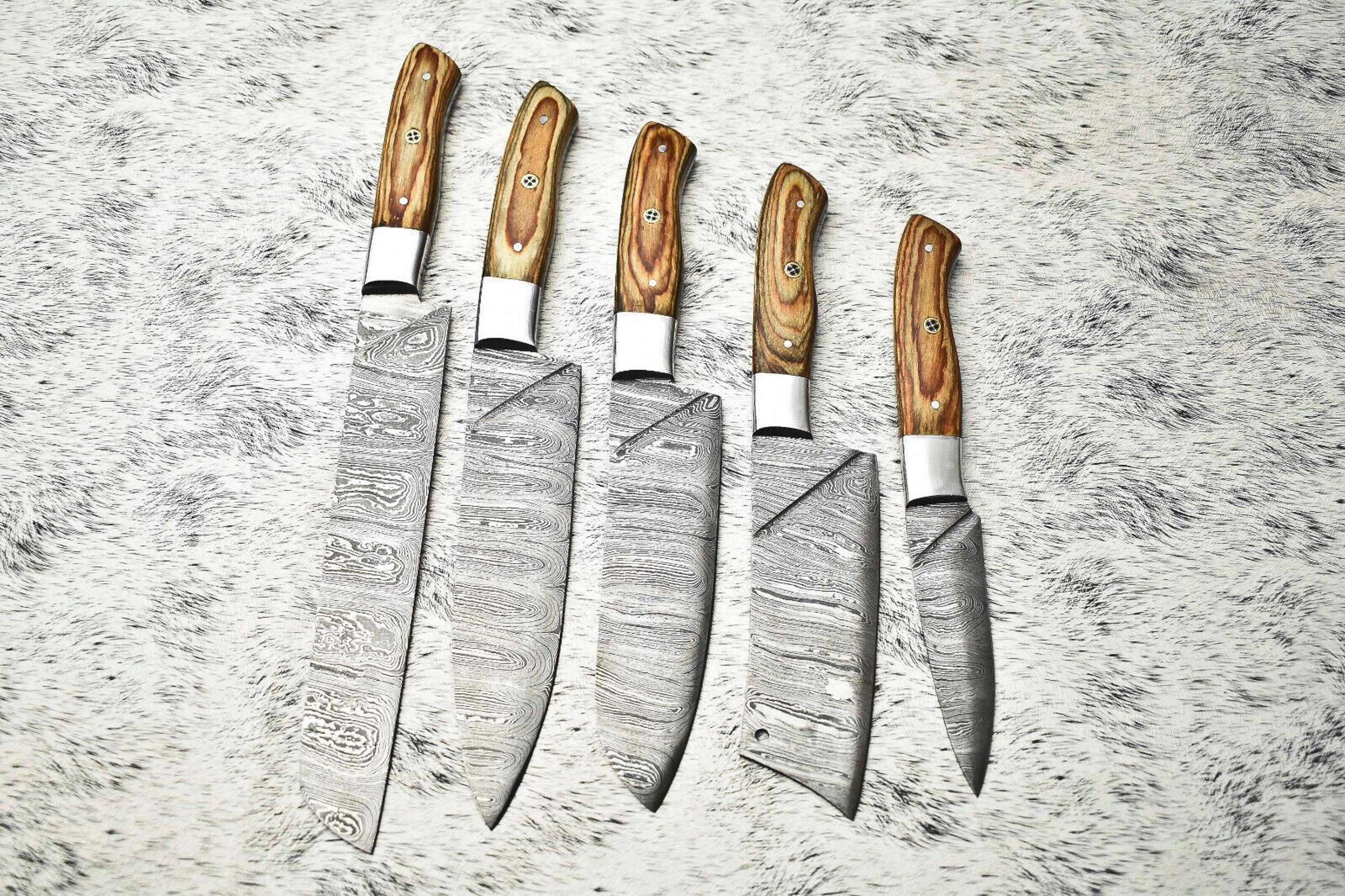 luxury damascus steel chef knives | set of 5 hand forged hammered cutlery