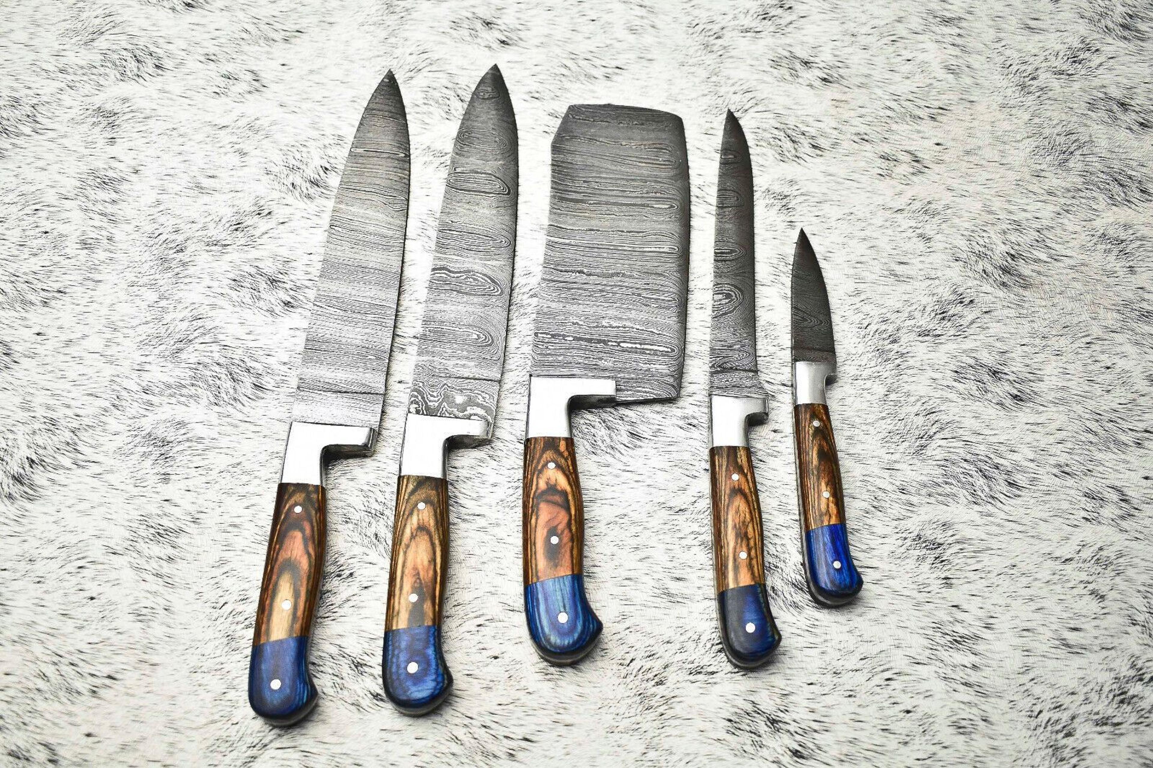 damascus steel kitchen knife set of 5 | handmade hammered blades