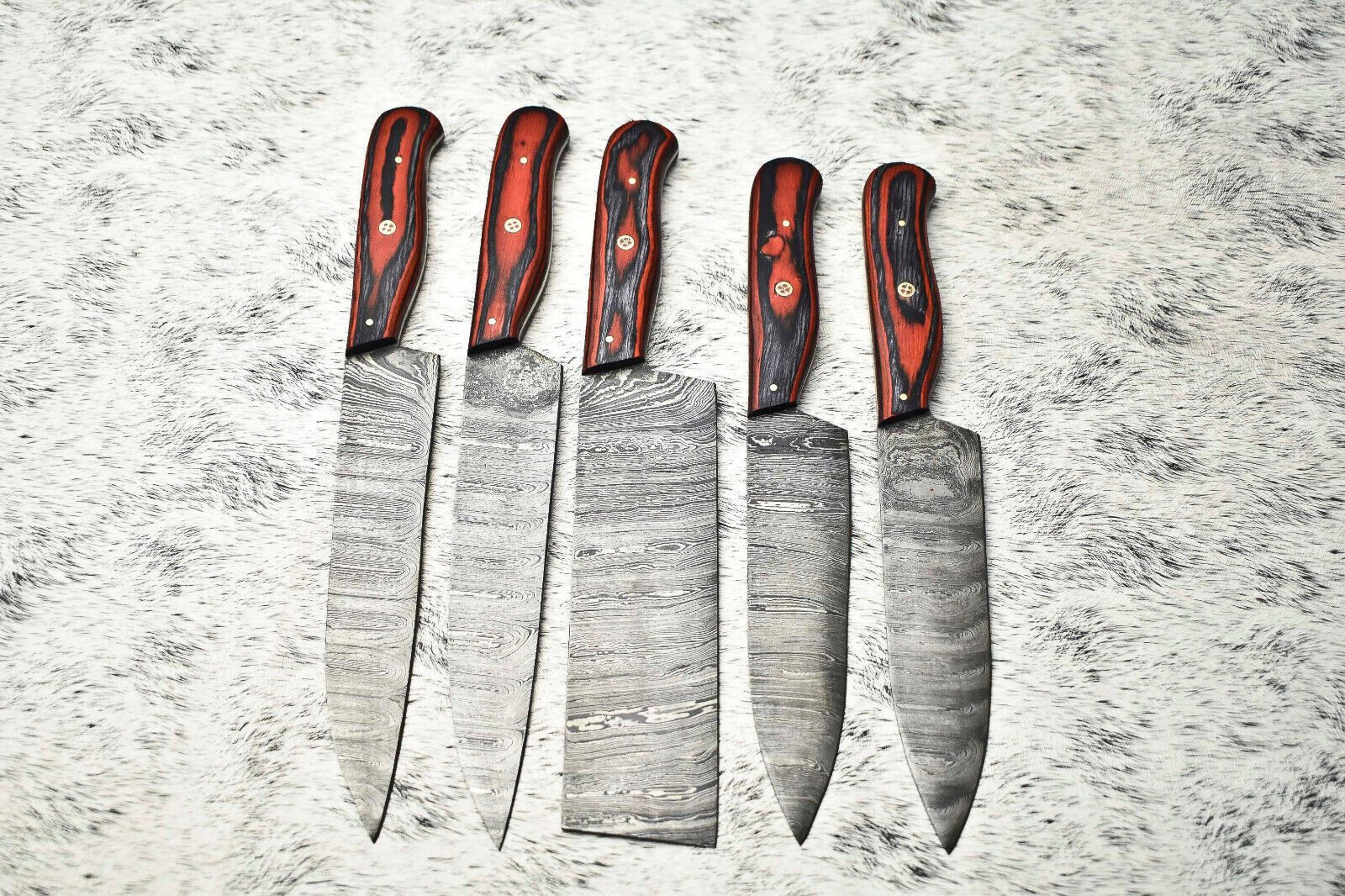 elite handmade damascus steel knife set | 5 custom hammered chef knives