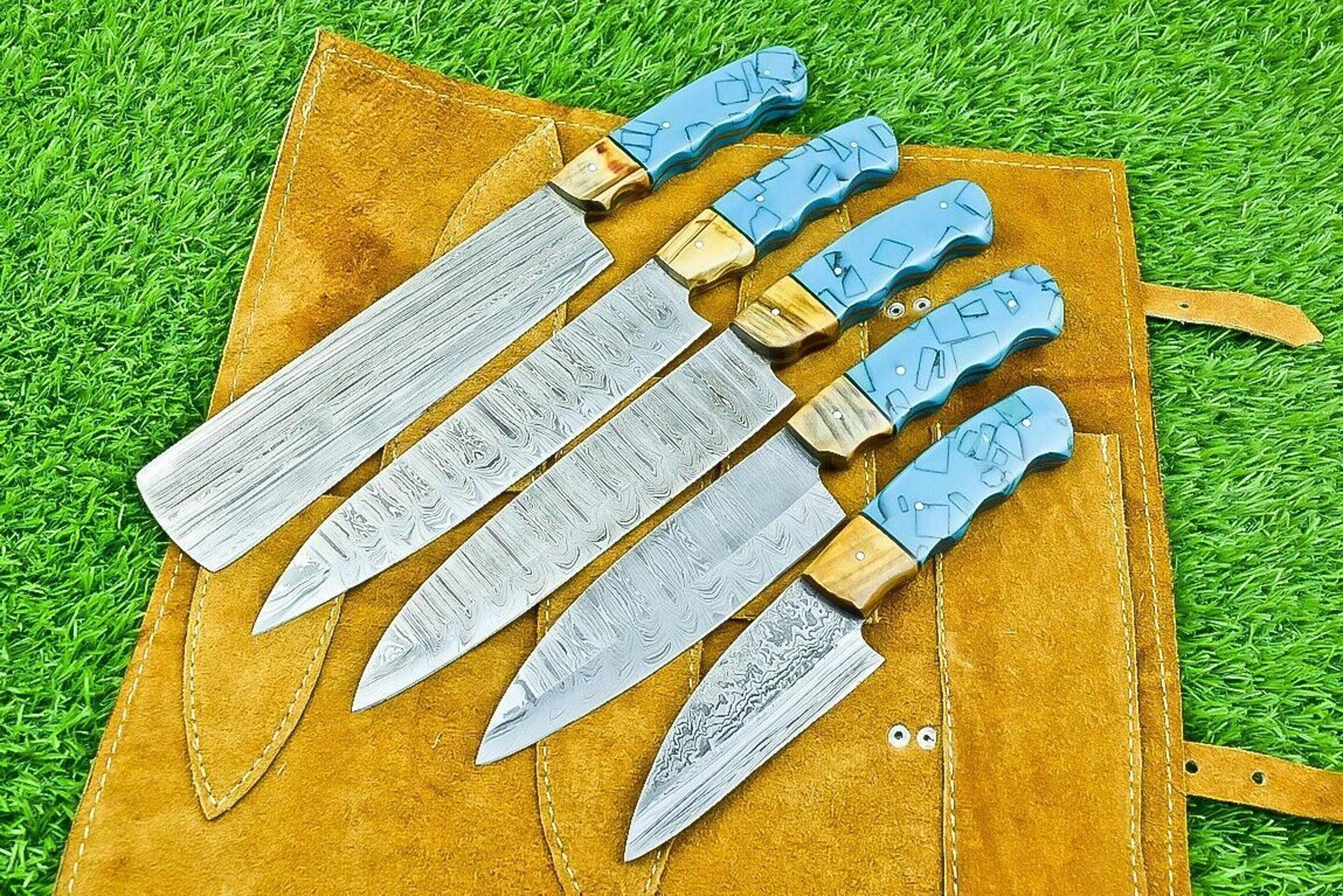 handmade damascus steel chef knives set | 5 premium forged hammered blades
