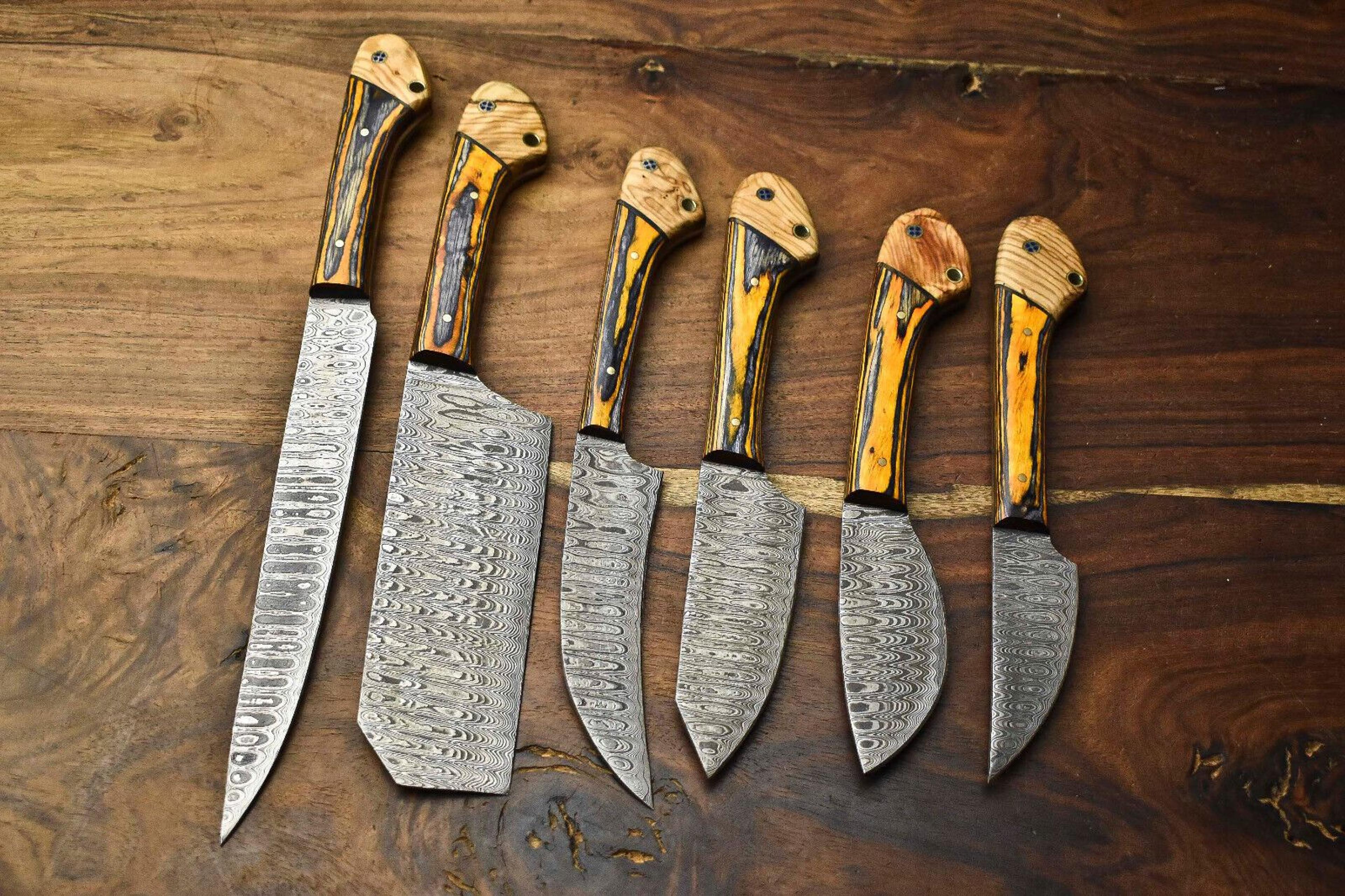 unique hand forged damascus chef knives | 6-piece kitchen knife collection