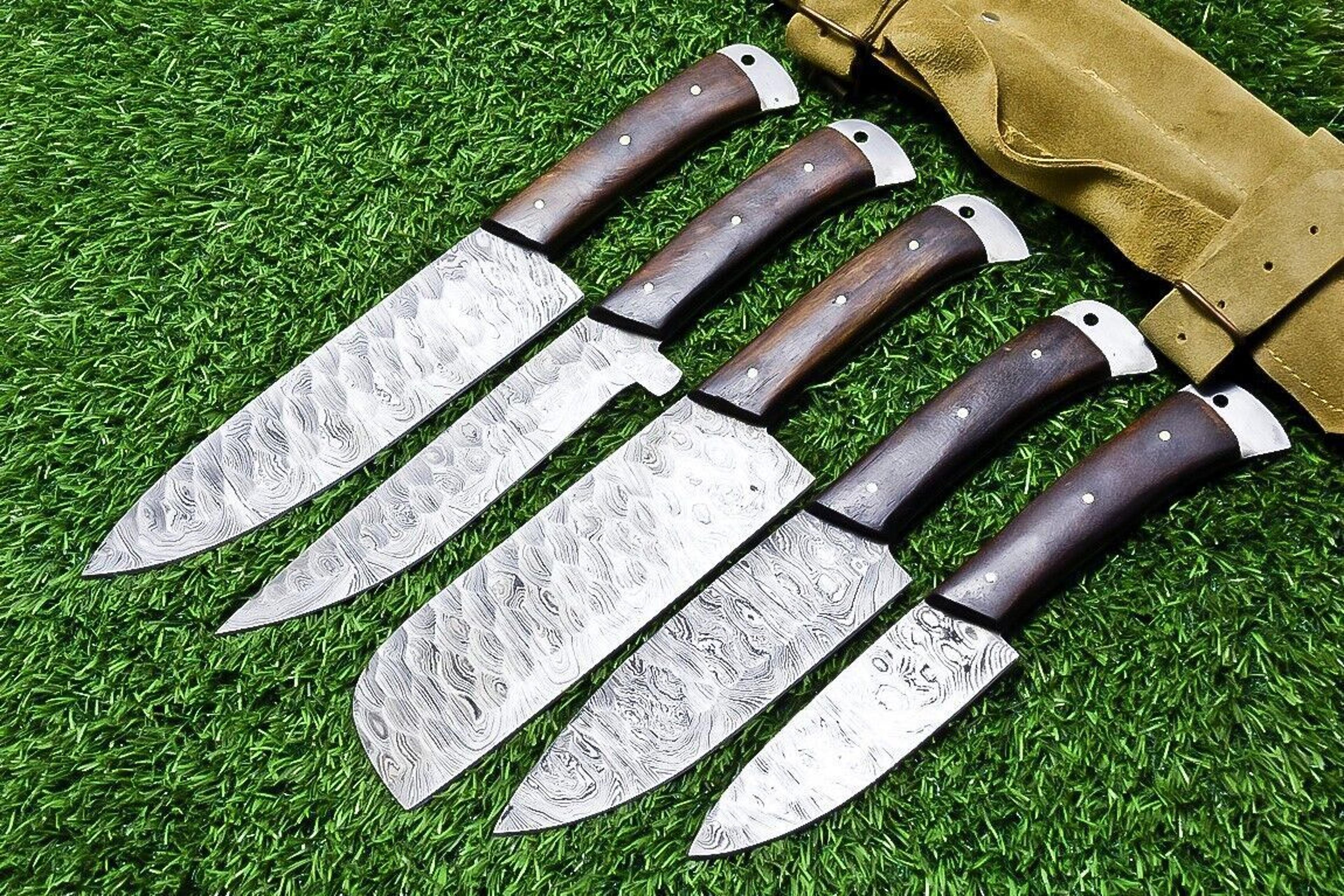 5-piece handmade damascus steel chef knife set | custom forged kitchen knives with wood handle & sheath