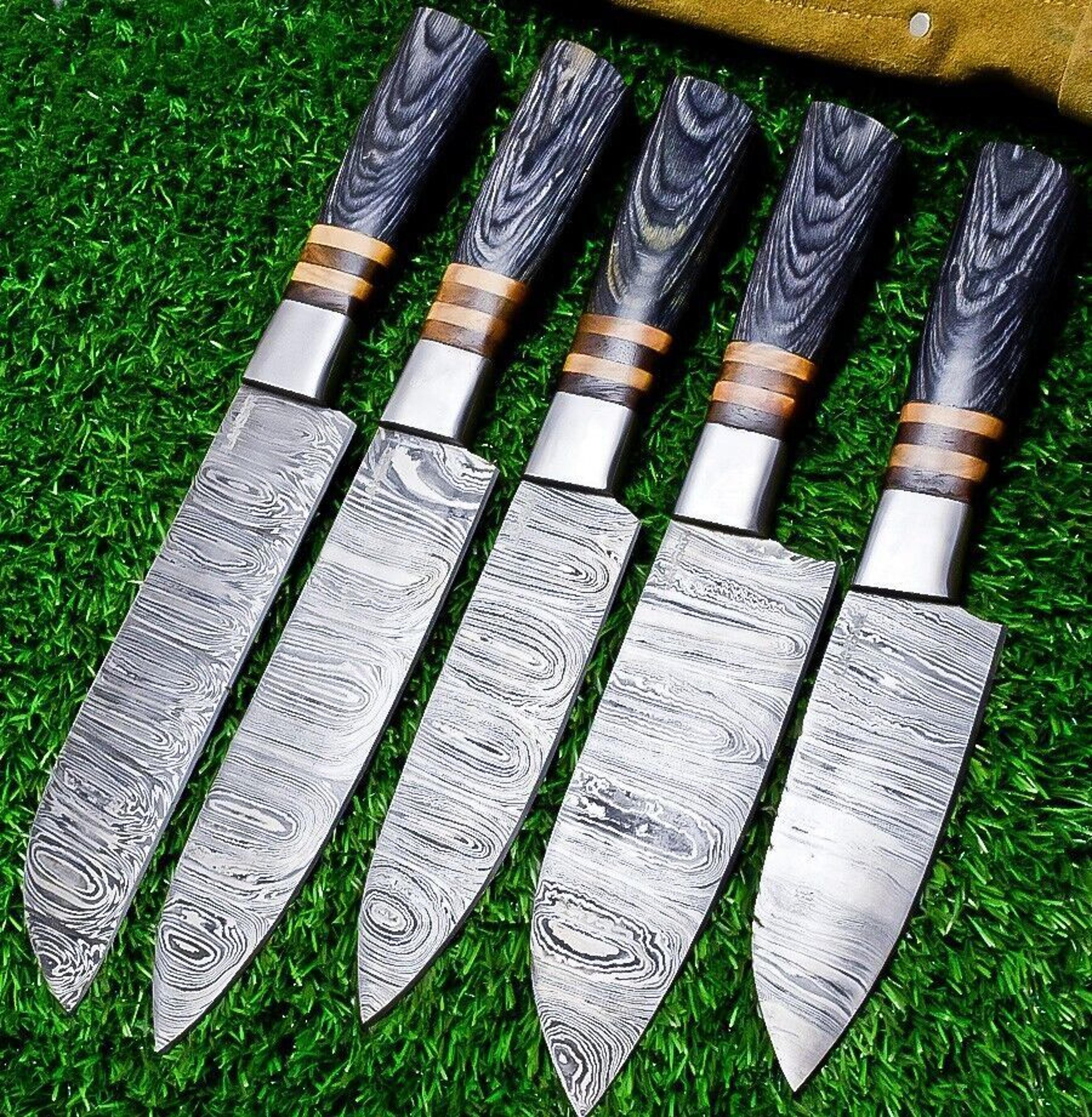 hand forged 5-piece damascus steel chef knife set | wood handle with sheath