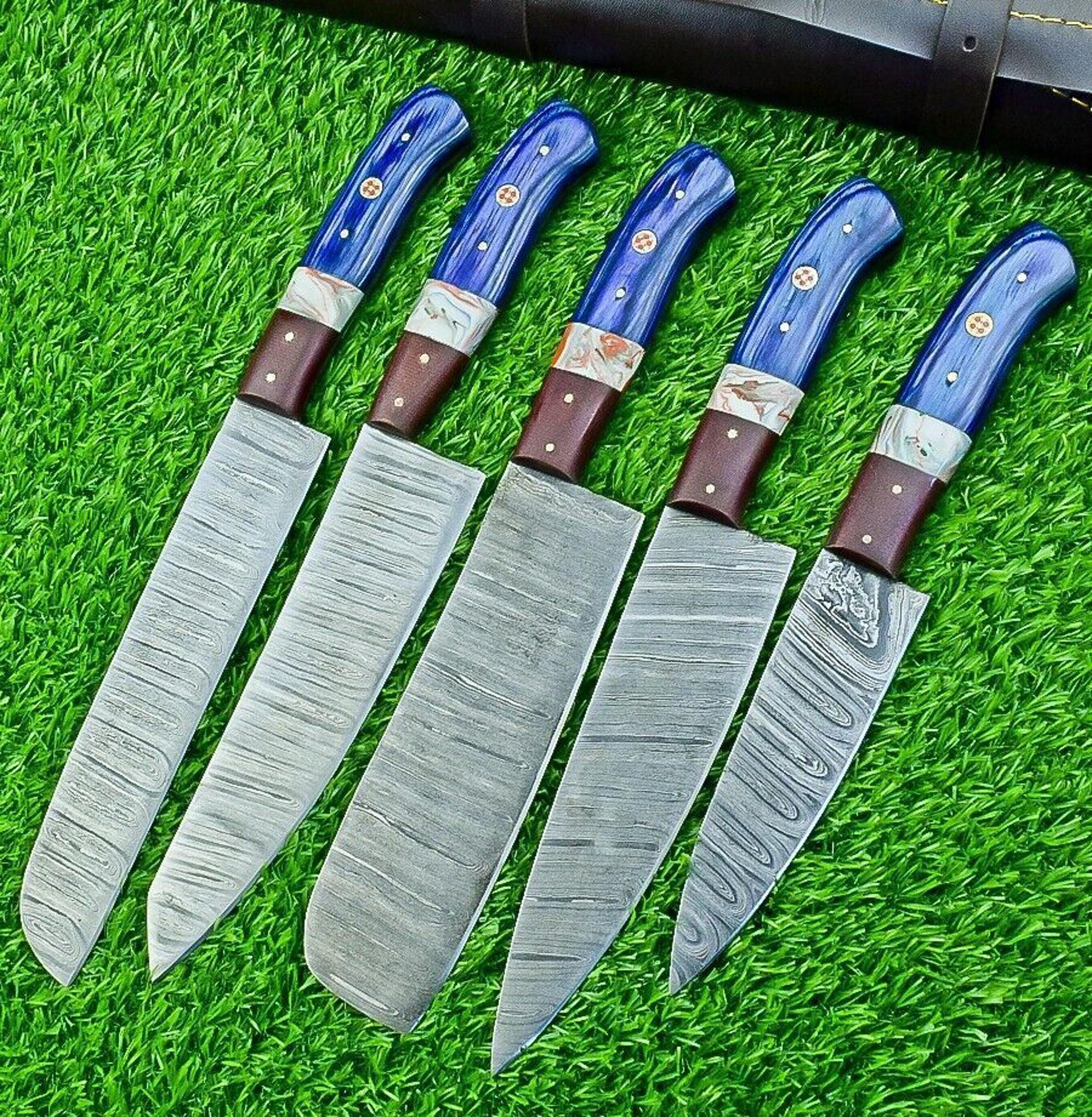 custom damascus steel kitchen knives | handmade 5-piece chef set with sheath