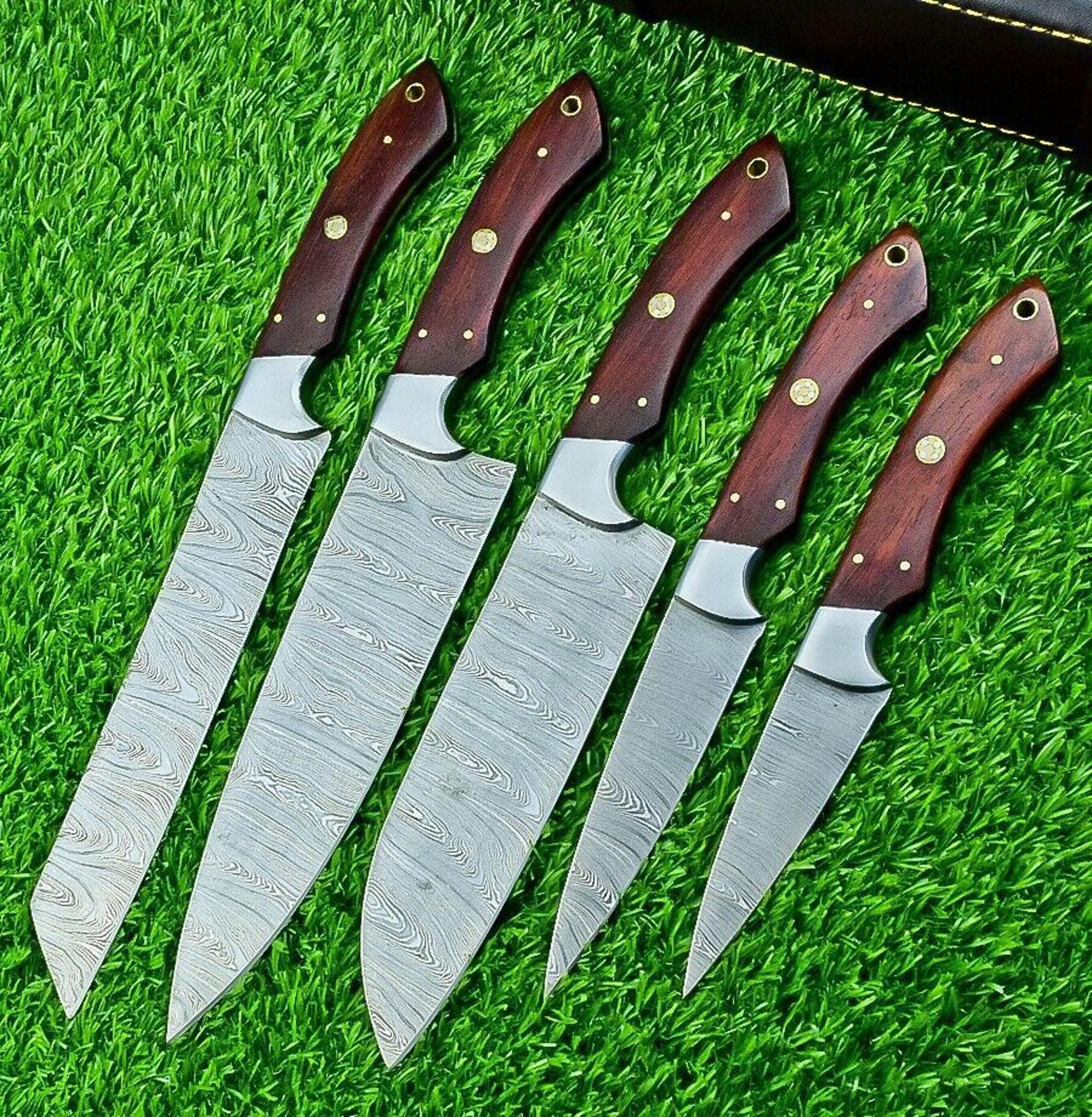 custom forged damascus steel chef knives | 5-piece handmade kitchen knife set