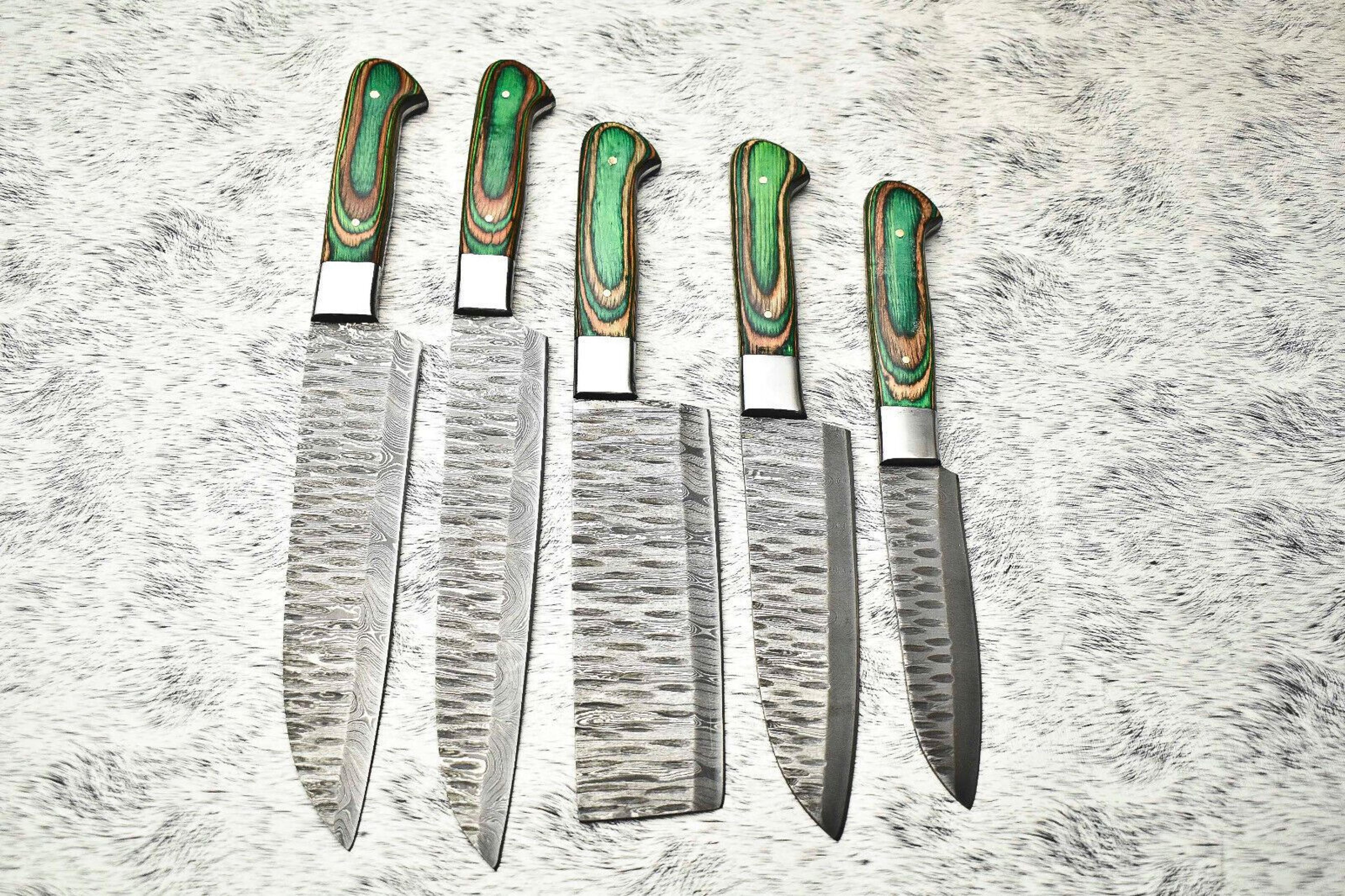 lot of 6 handmade damascus steel chef knives | full tang hardwood handle set