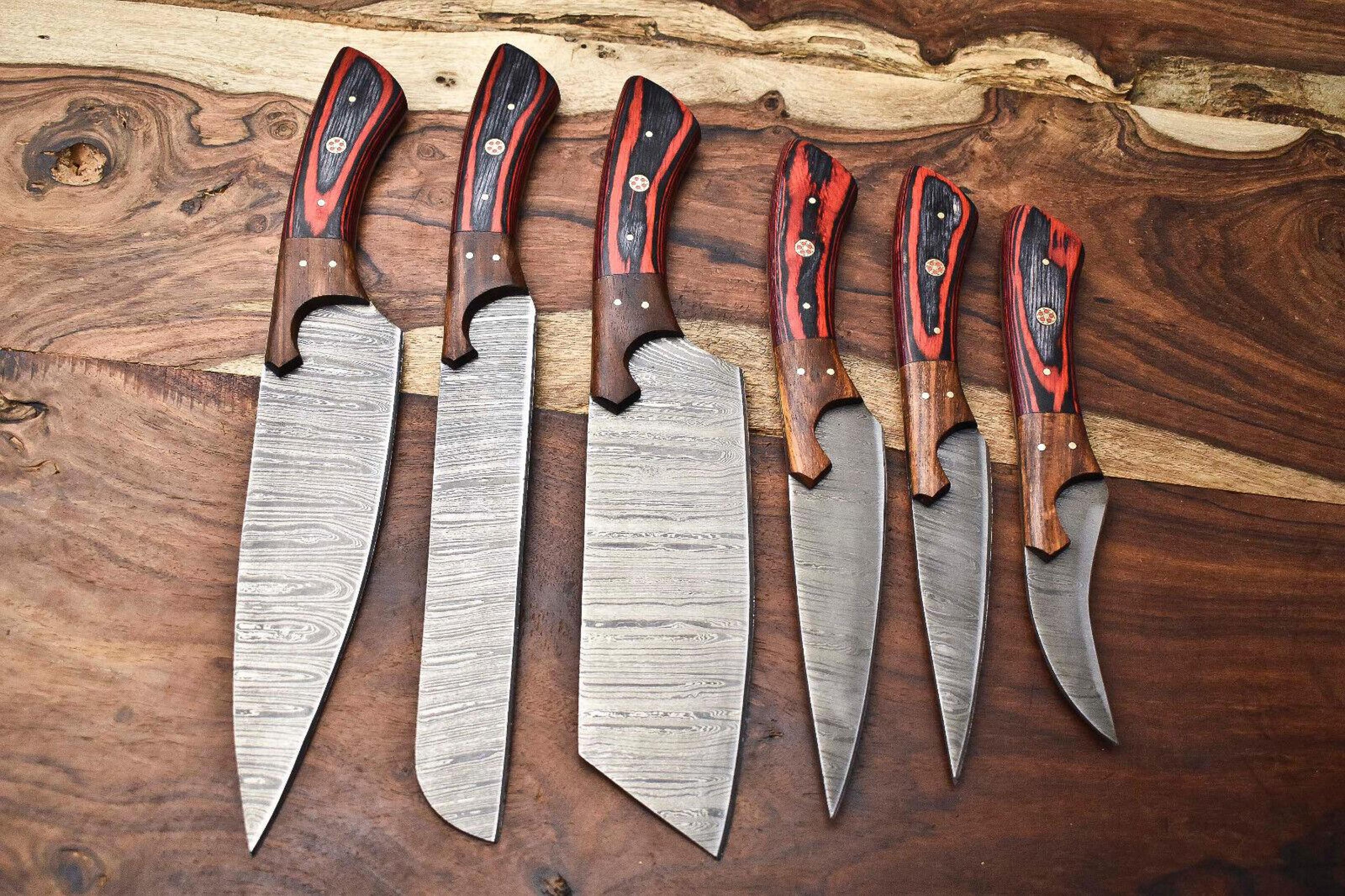 heritage damascus knife set | 6 handmade full tang chef blades with hardwood handles