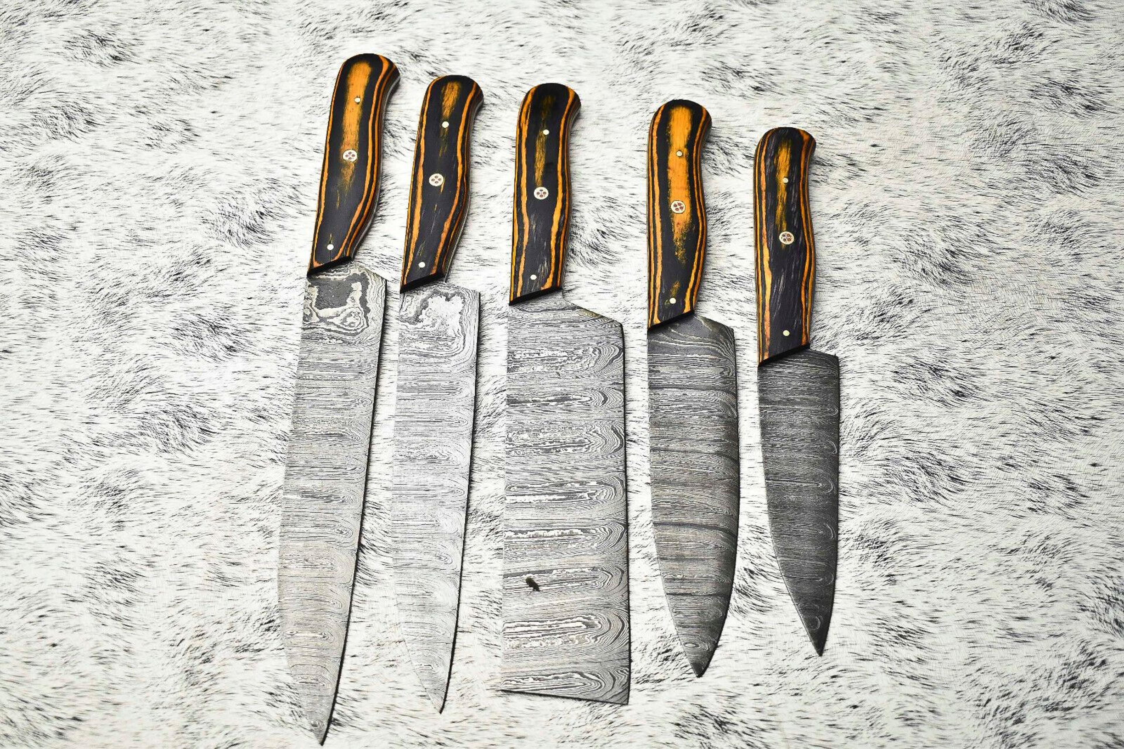 lot of 5 handmade damascus hammered full tang chef knife set | hardwood handle kitchen knives