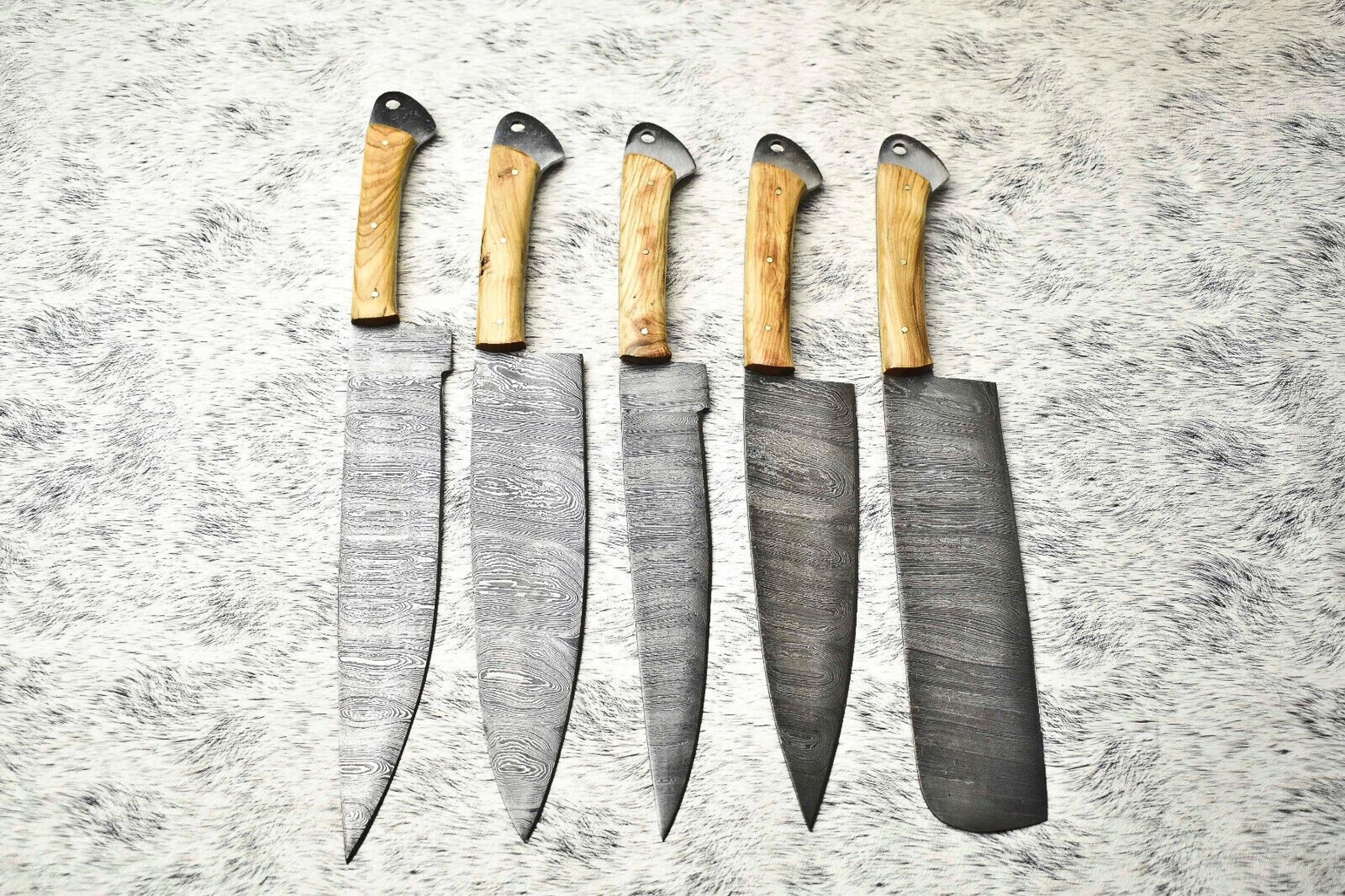 traditional damascus kitchen knife set | 5 full tang handmade chef knives