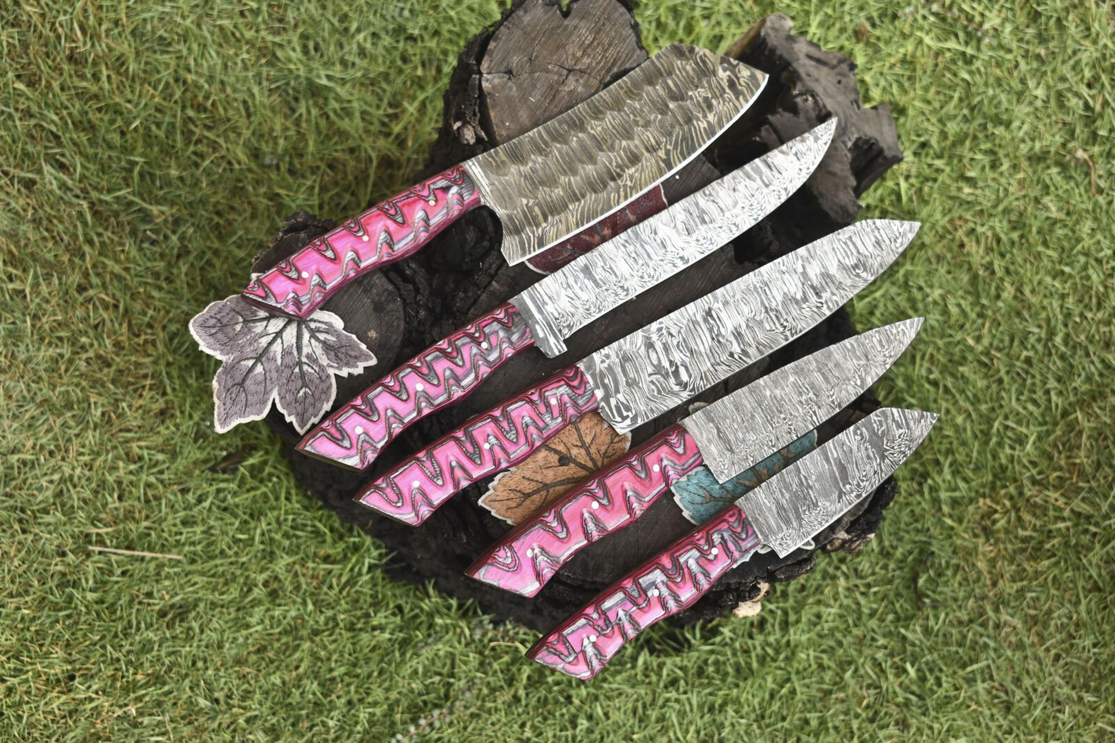 forged chef knife twist damascus steel set | lot of 5 hardwood handle knives for camping & bushcraft