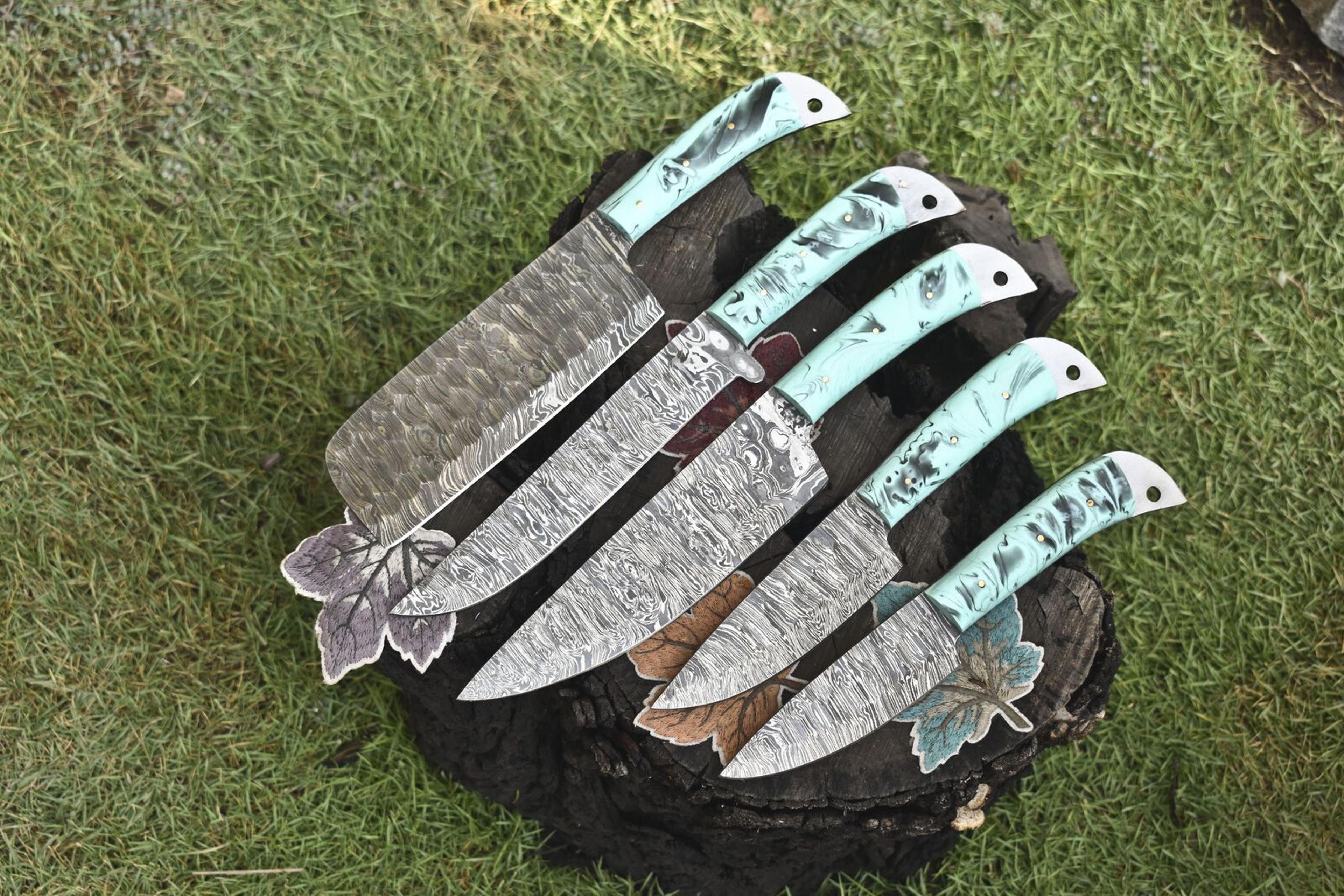 professional 5-piece twist damascus chef knife bundle | handmade hardwood handles
