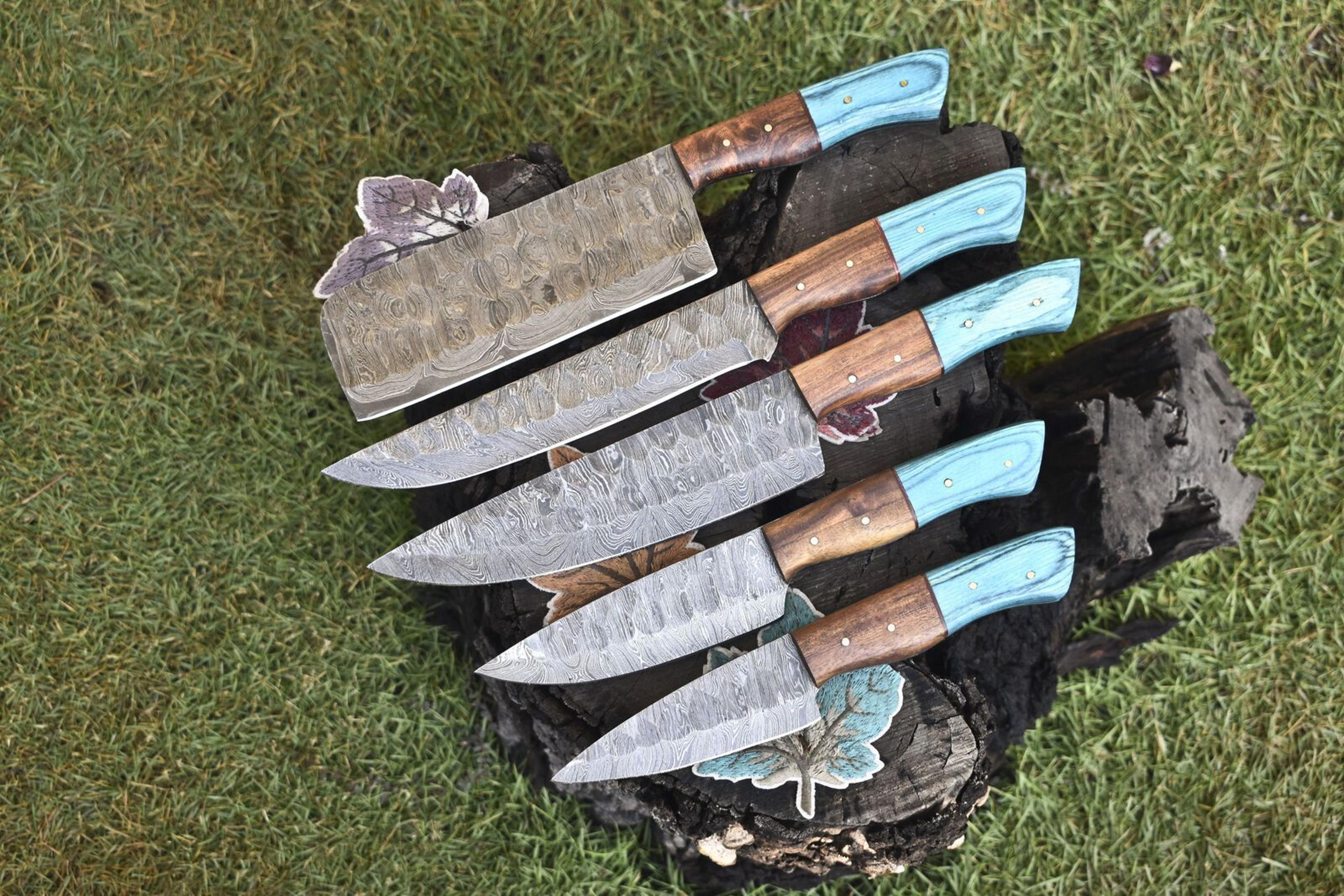 camping & kitchen twist damascus knives | 5-piece forged hardwood handle set