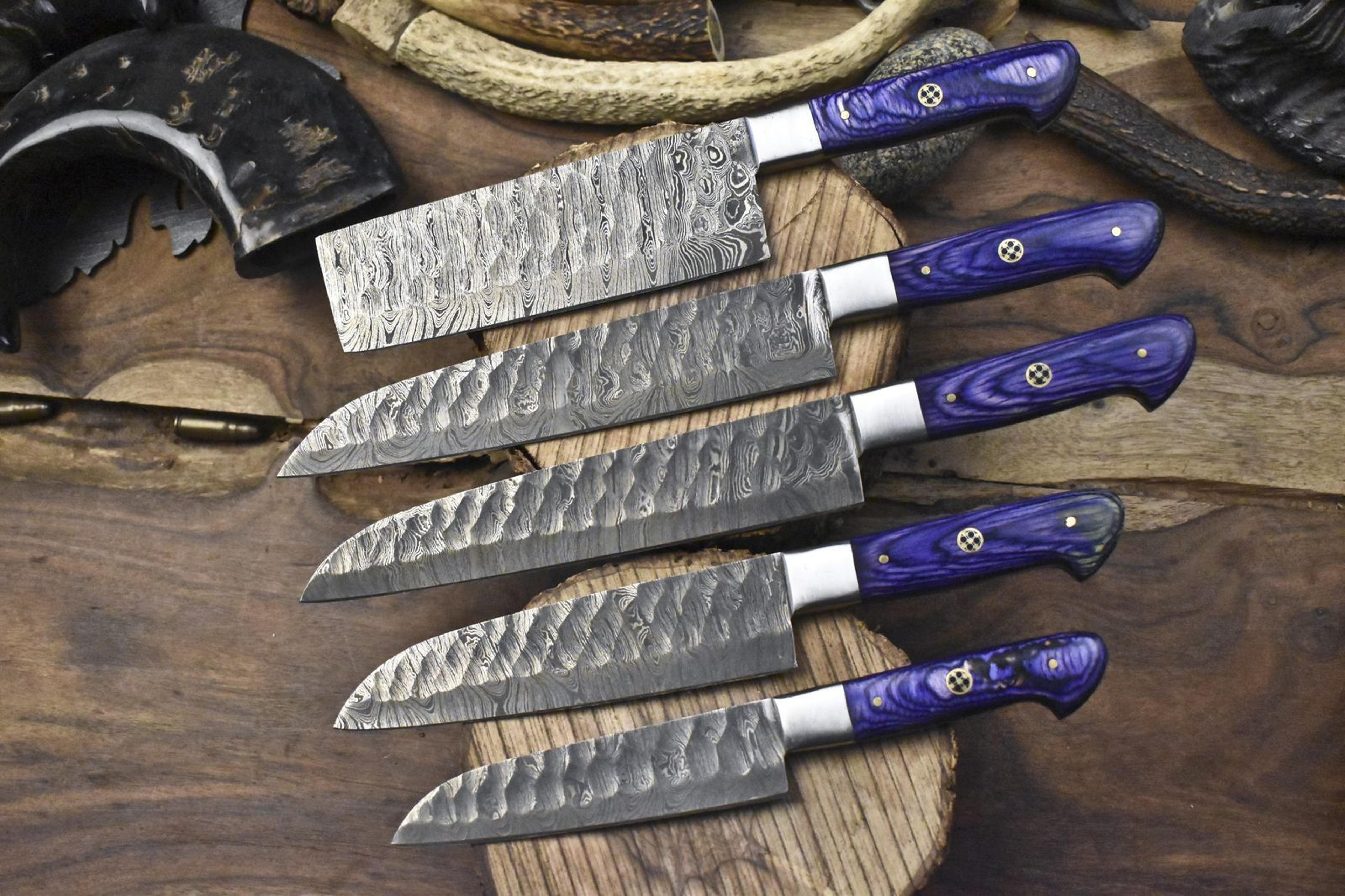 custom 5pc damascus chef knife set – forged steel blades, wooden handle, premium kitchen gear