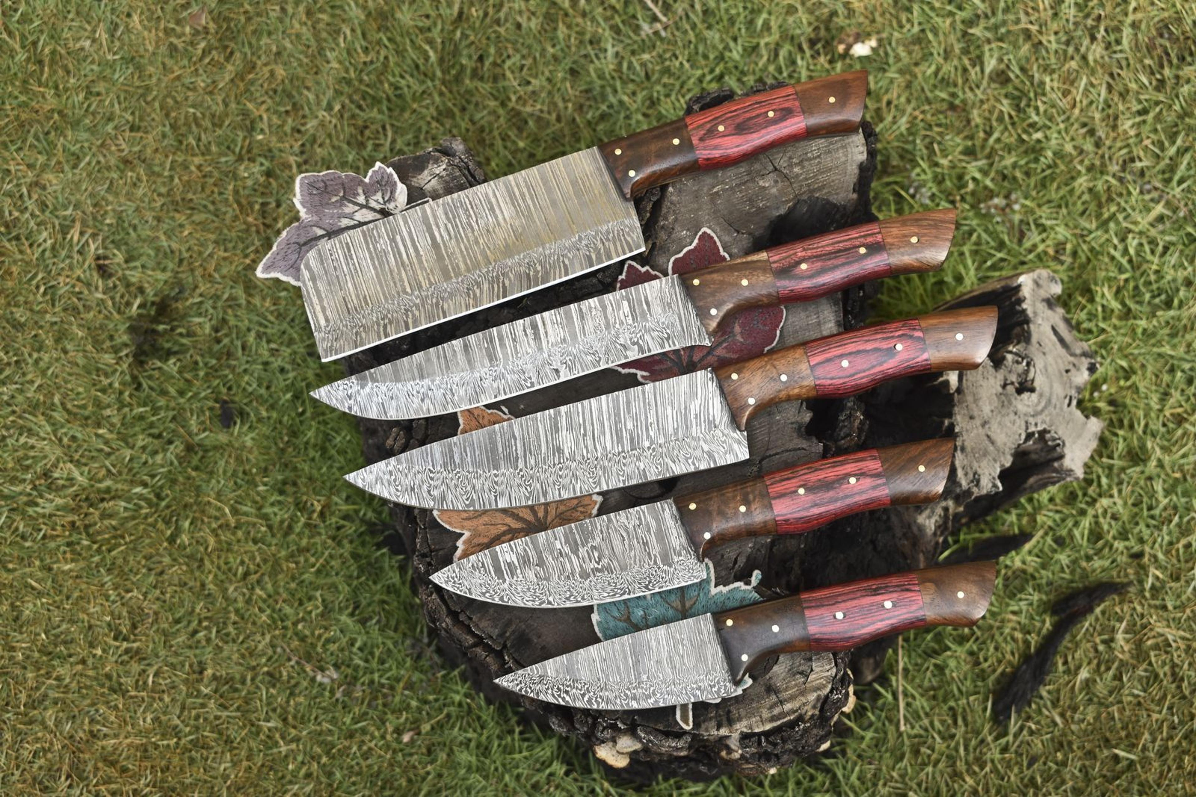 premium 5-piece twist damascus steel knife set | full tang chef & camping blades