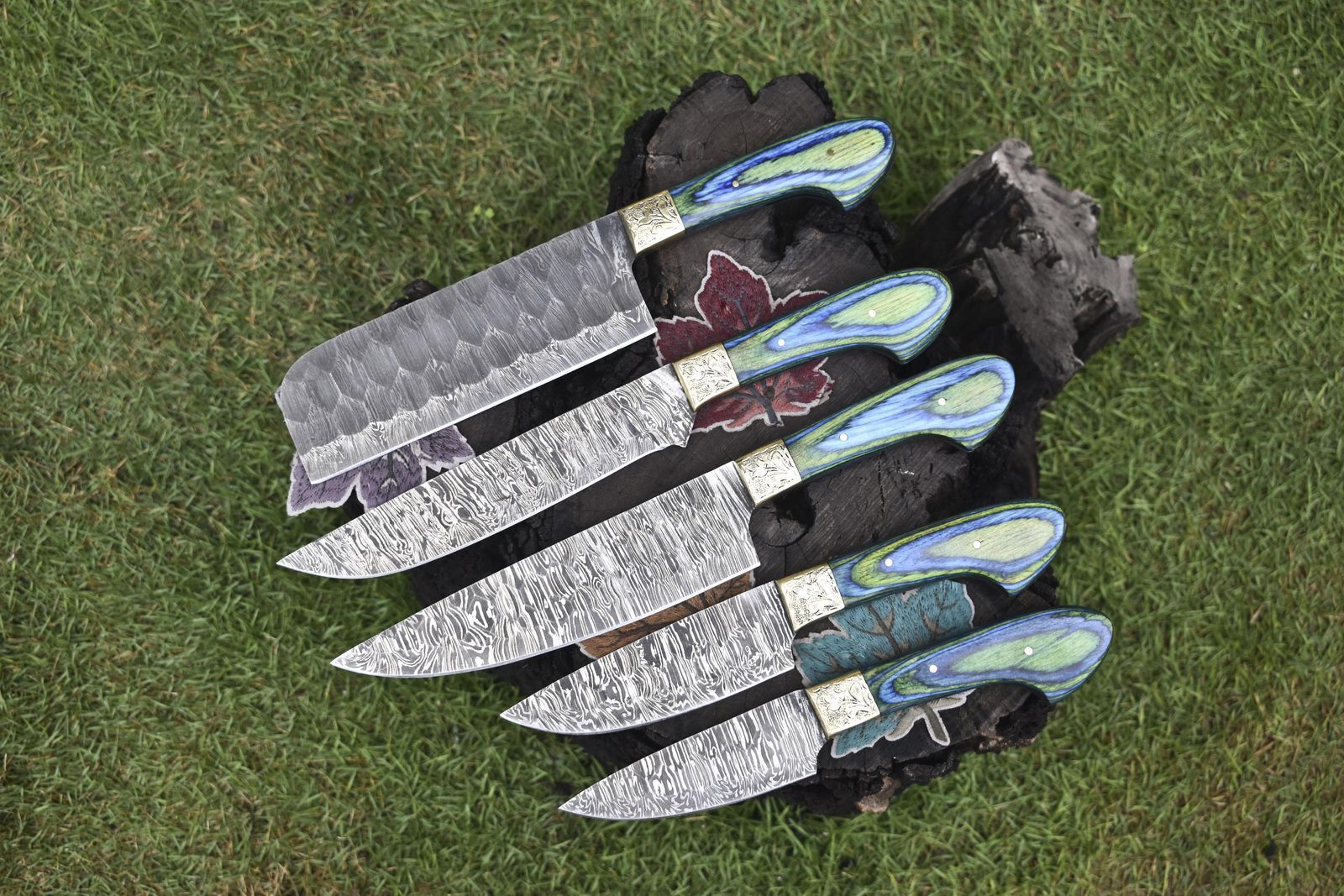 bushcraft damascus knife collection | twist pattern chef knives