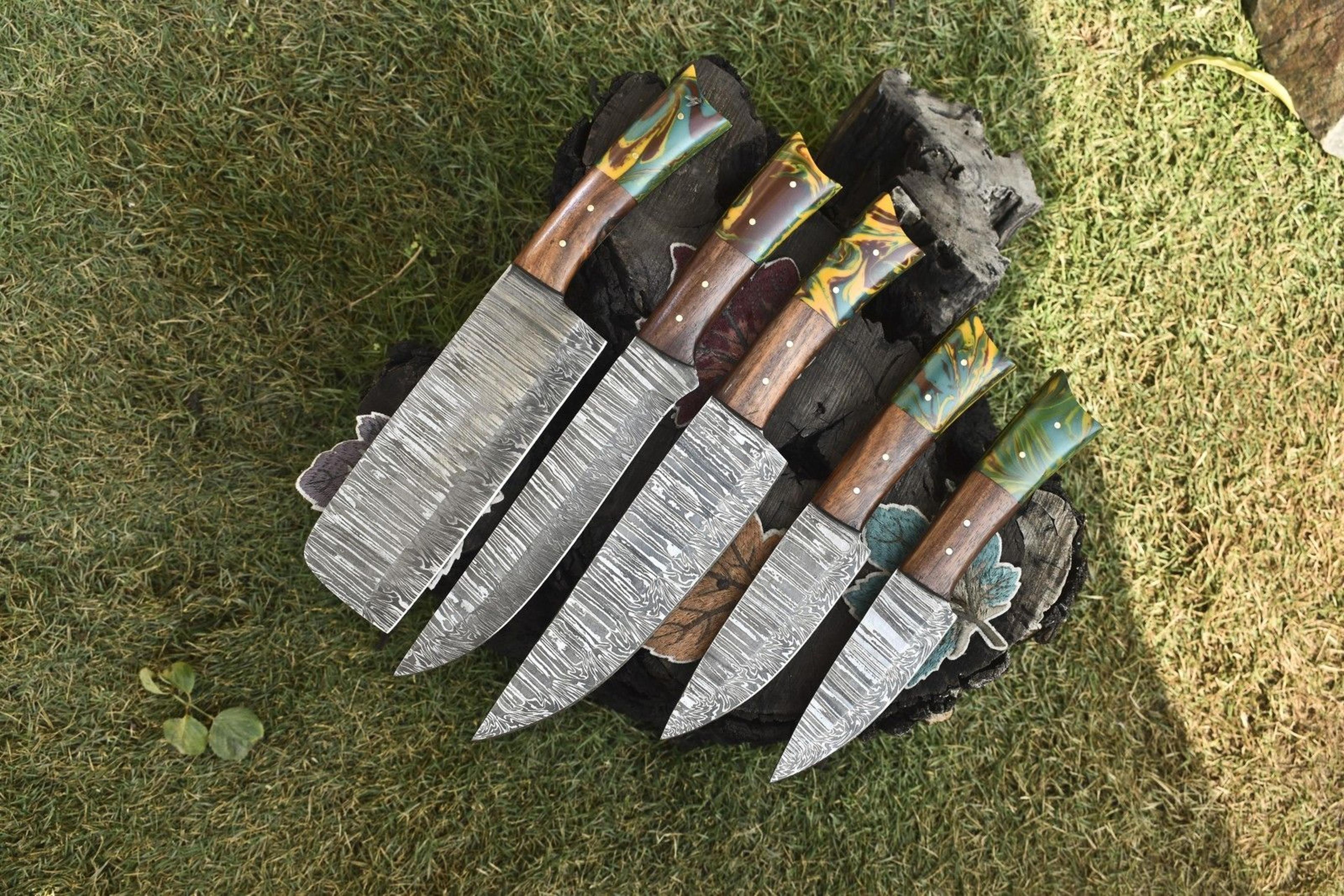 hand forged twist damascus steel chef knife set | 5-piece hardwood handle lot