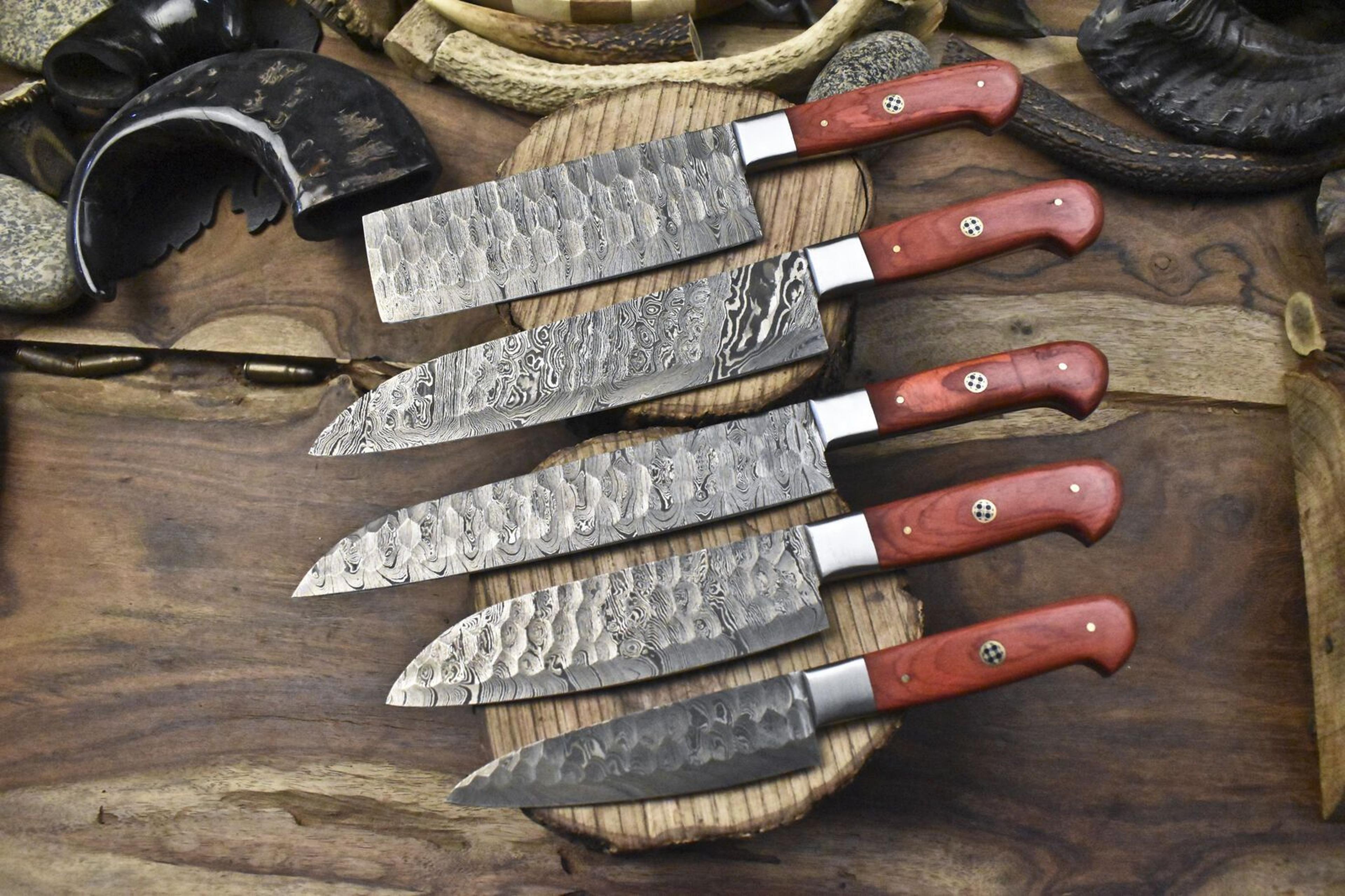 custom made 5-piece twist damascus chef knives | forged full tang hardwood