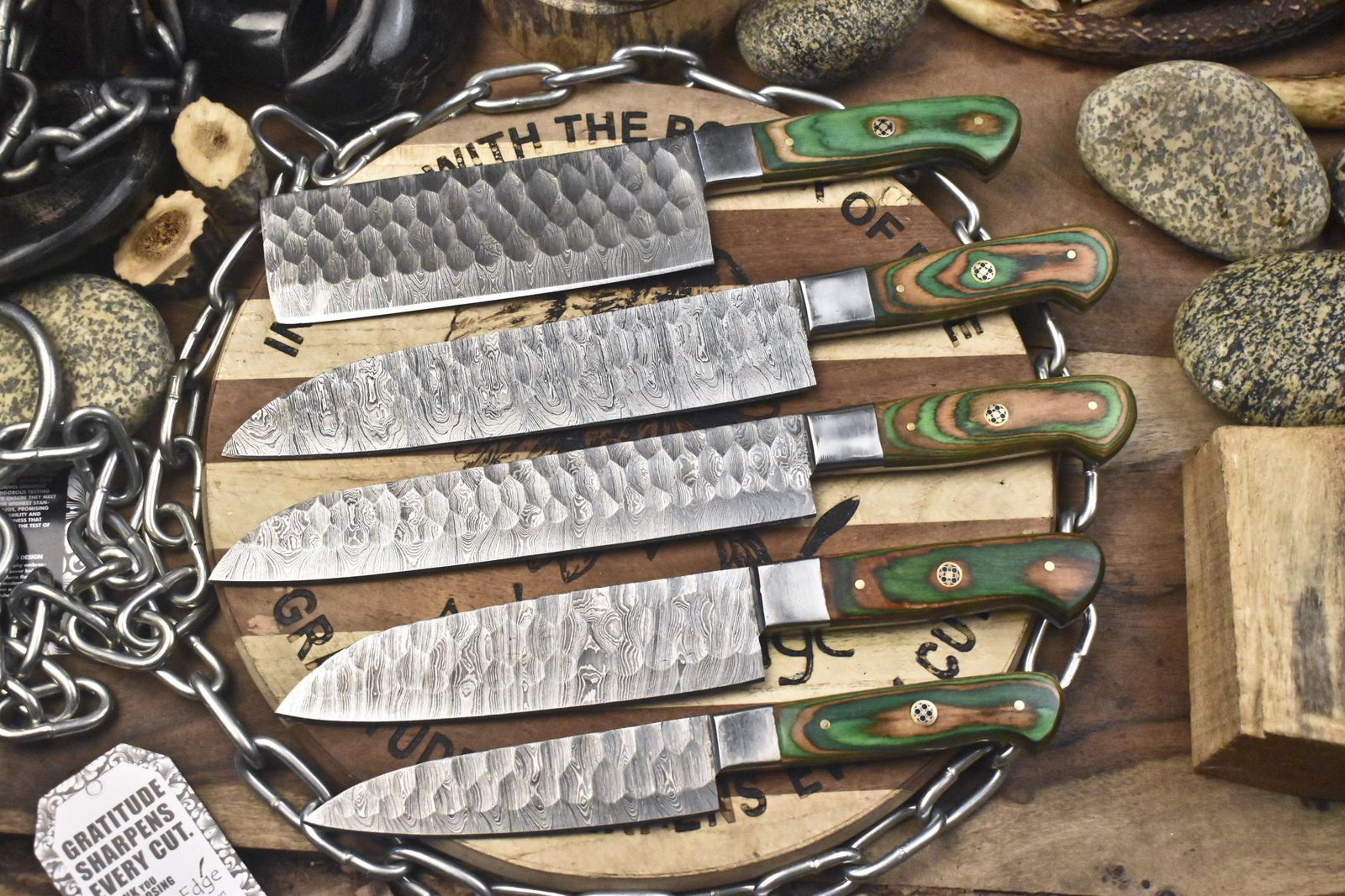 premium twist damascus kitchen knives | handmade lot of 5 collectible blades