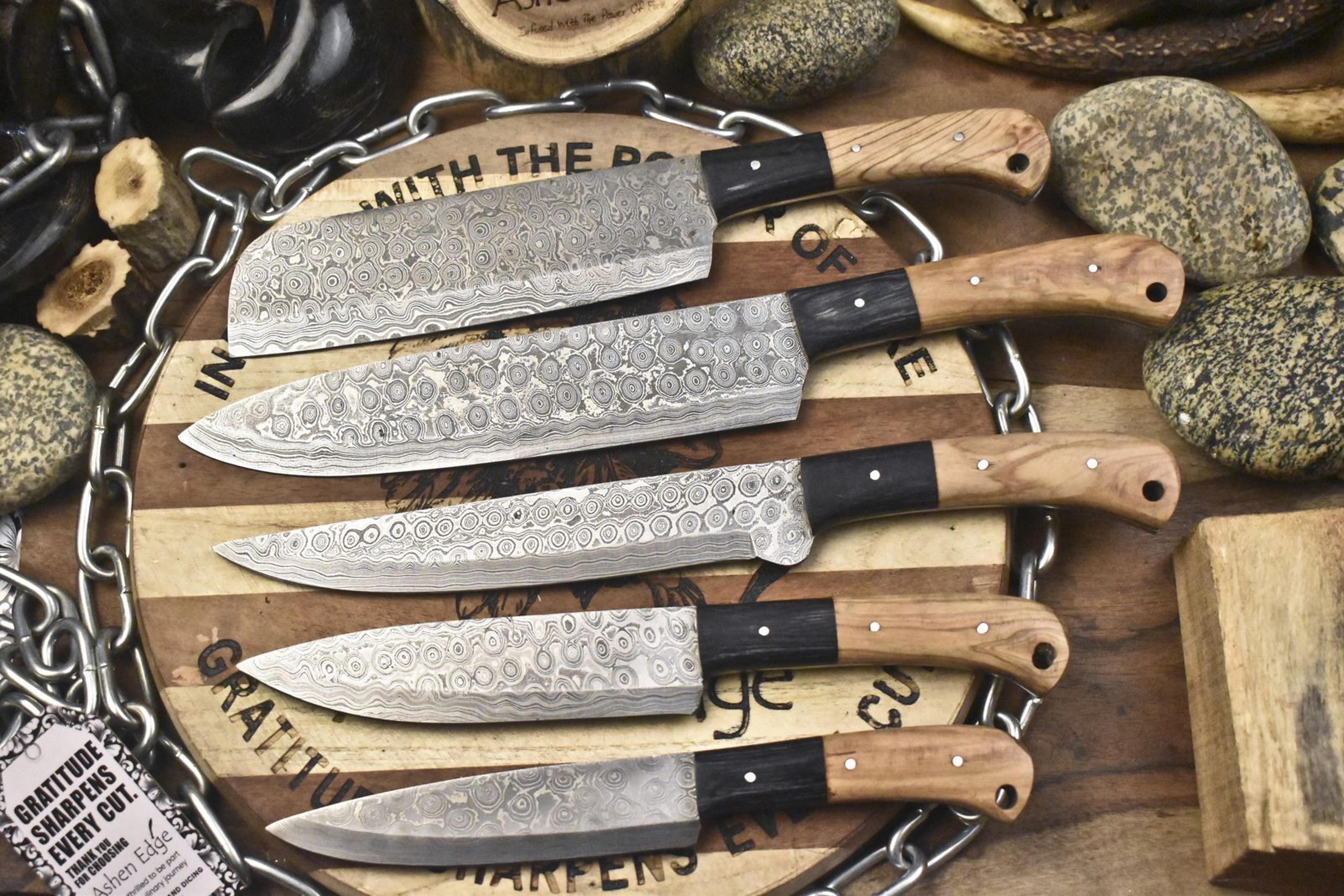 lot of 5 walnut wood damascus chef knives | handmade twist pattern collectible