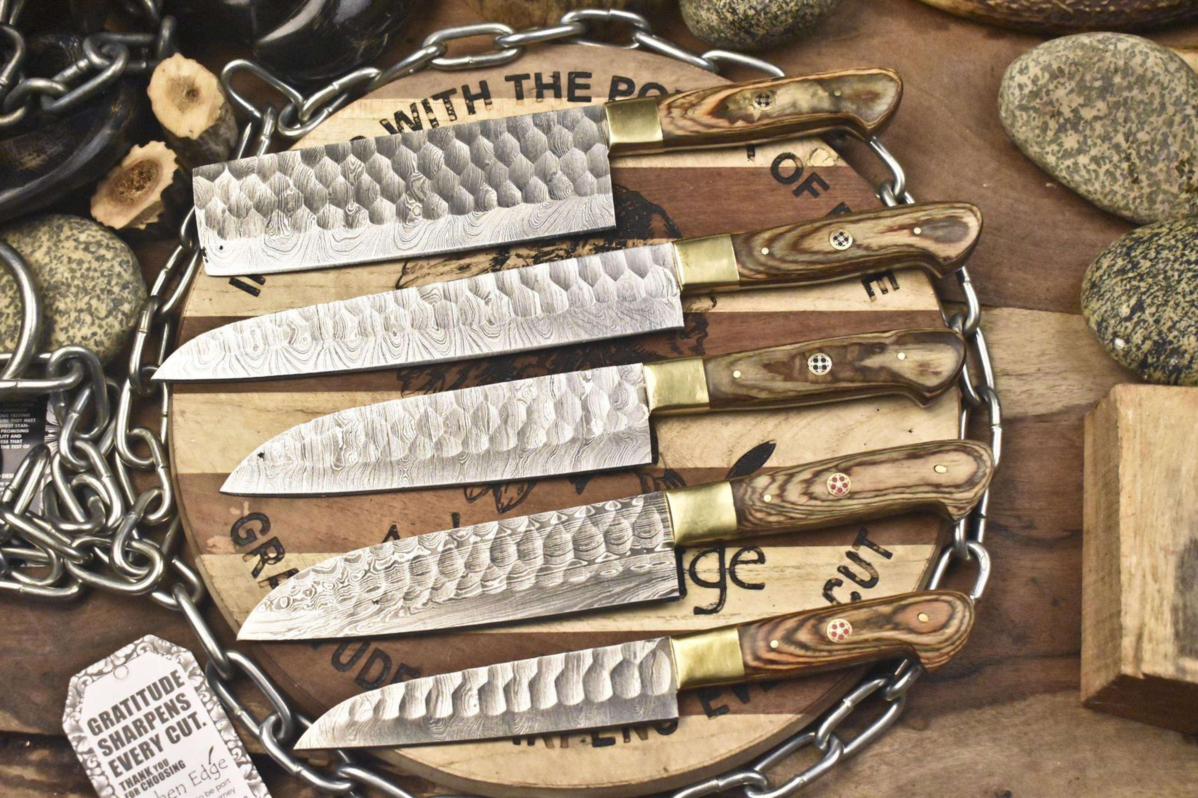 traditional forged damascus chef knives | walnut handle set of 5 collectors
