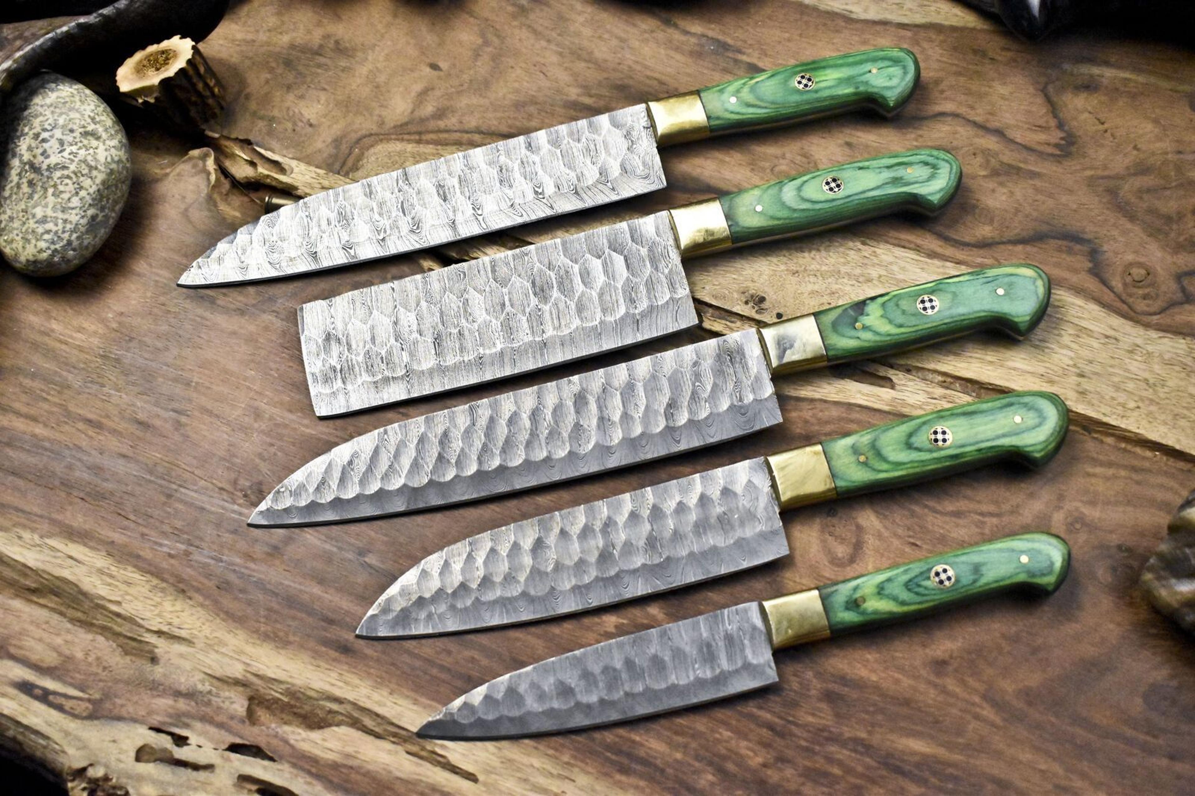 high-end damascus twist chef knives | 5-piece handmade walnut wood set