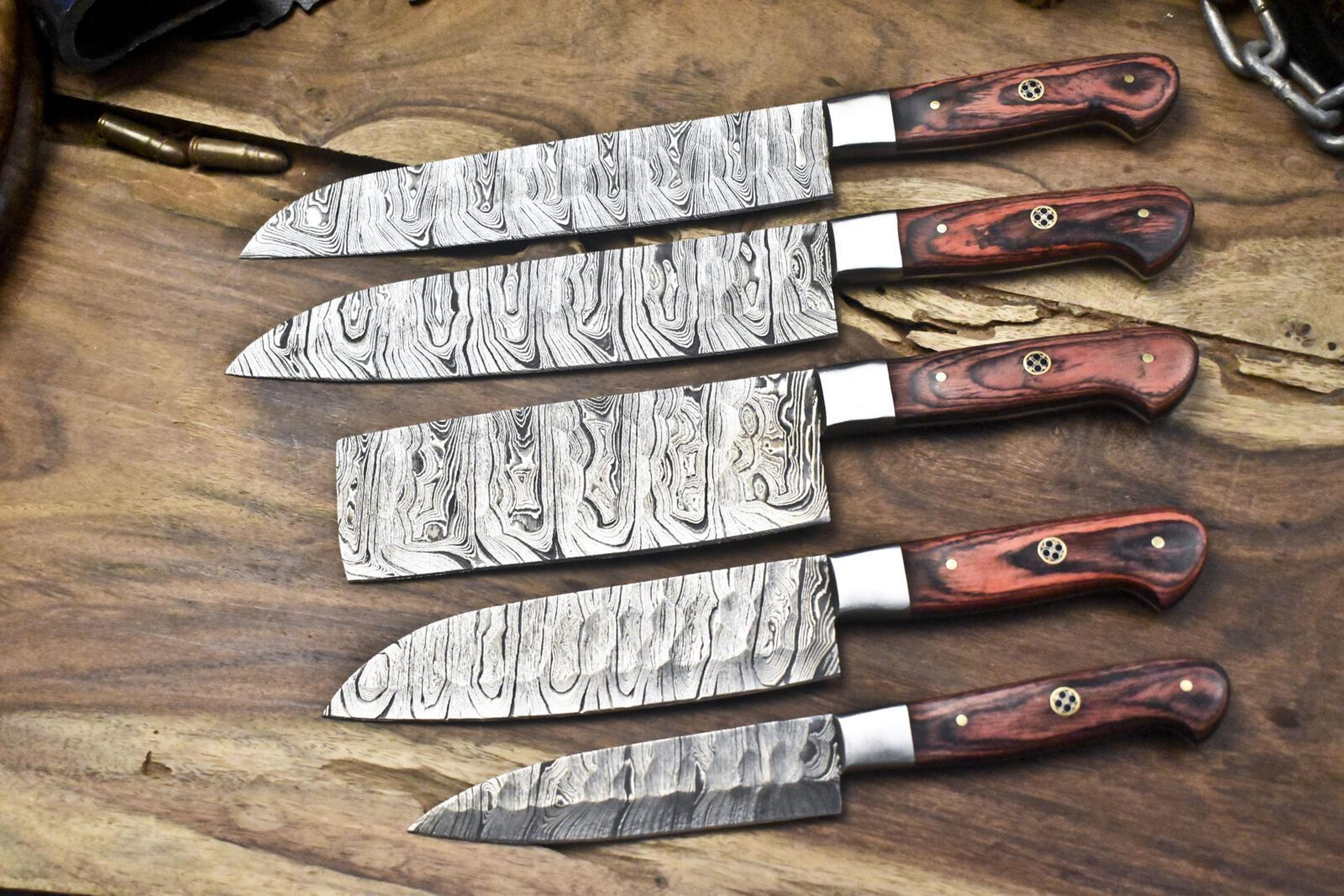 lot of 5 damascus twist steel knives | walnut handle full tang chef blades