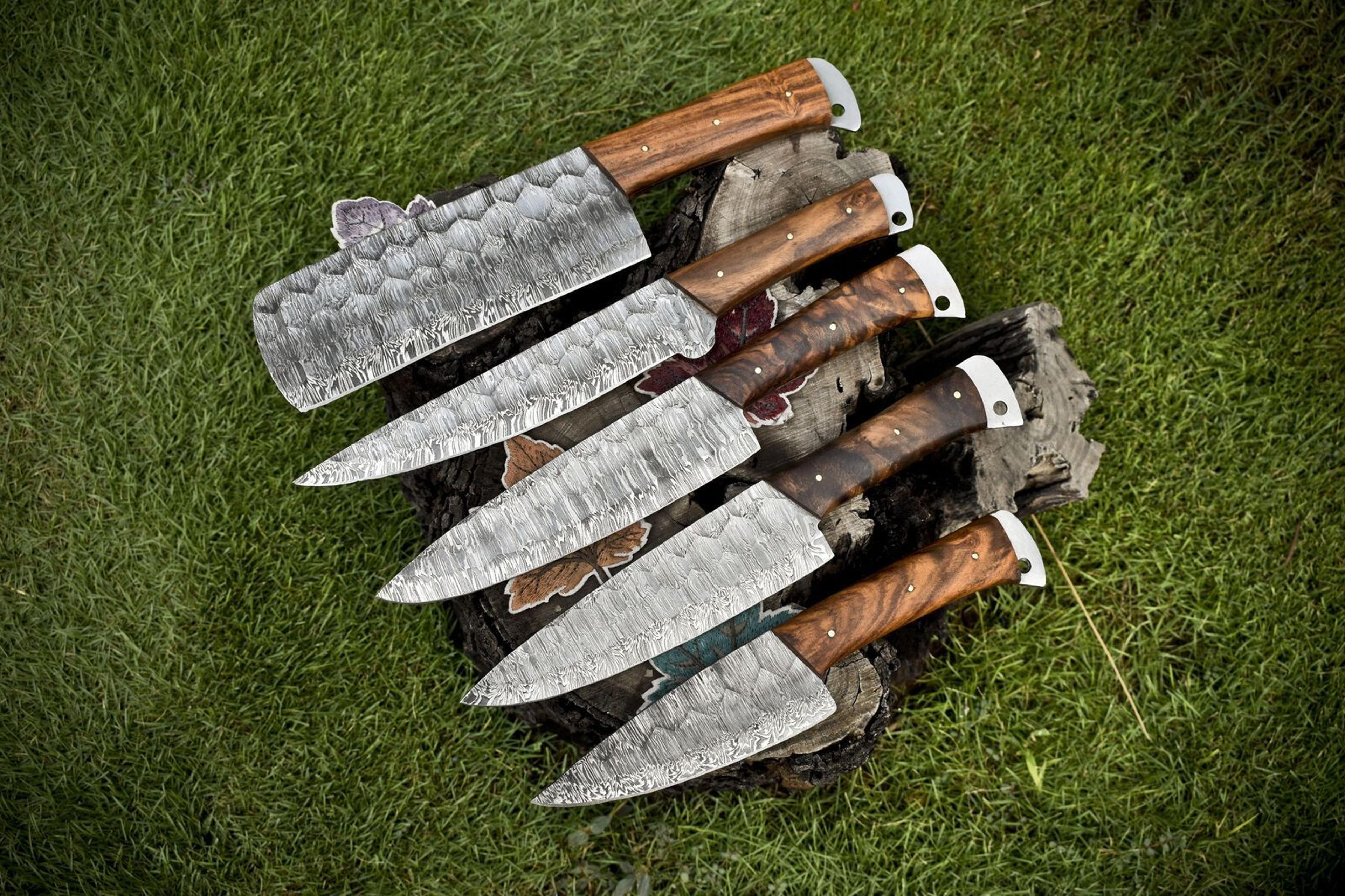 handmade twist damascus steel chef knives | set of 5 with brass bolsters