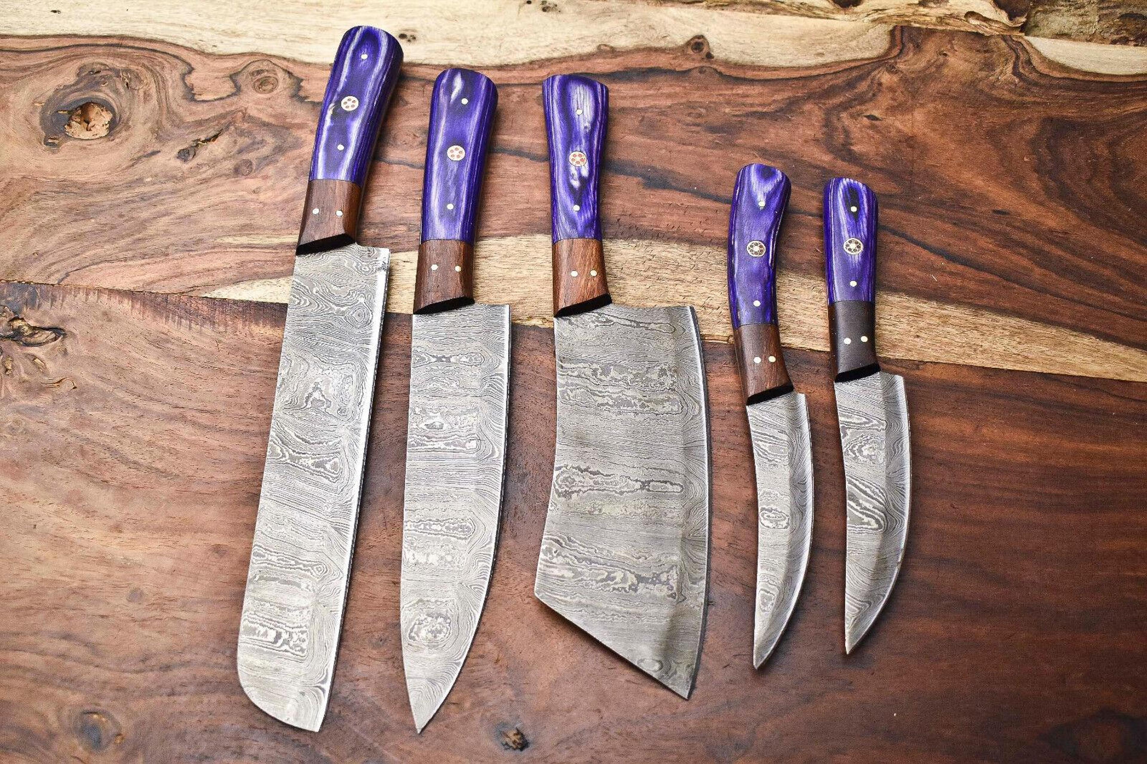 traditional damascus chef knives | walnut handle set of 5 collector