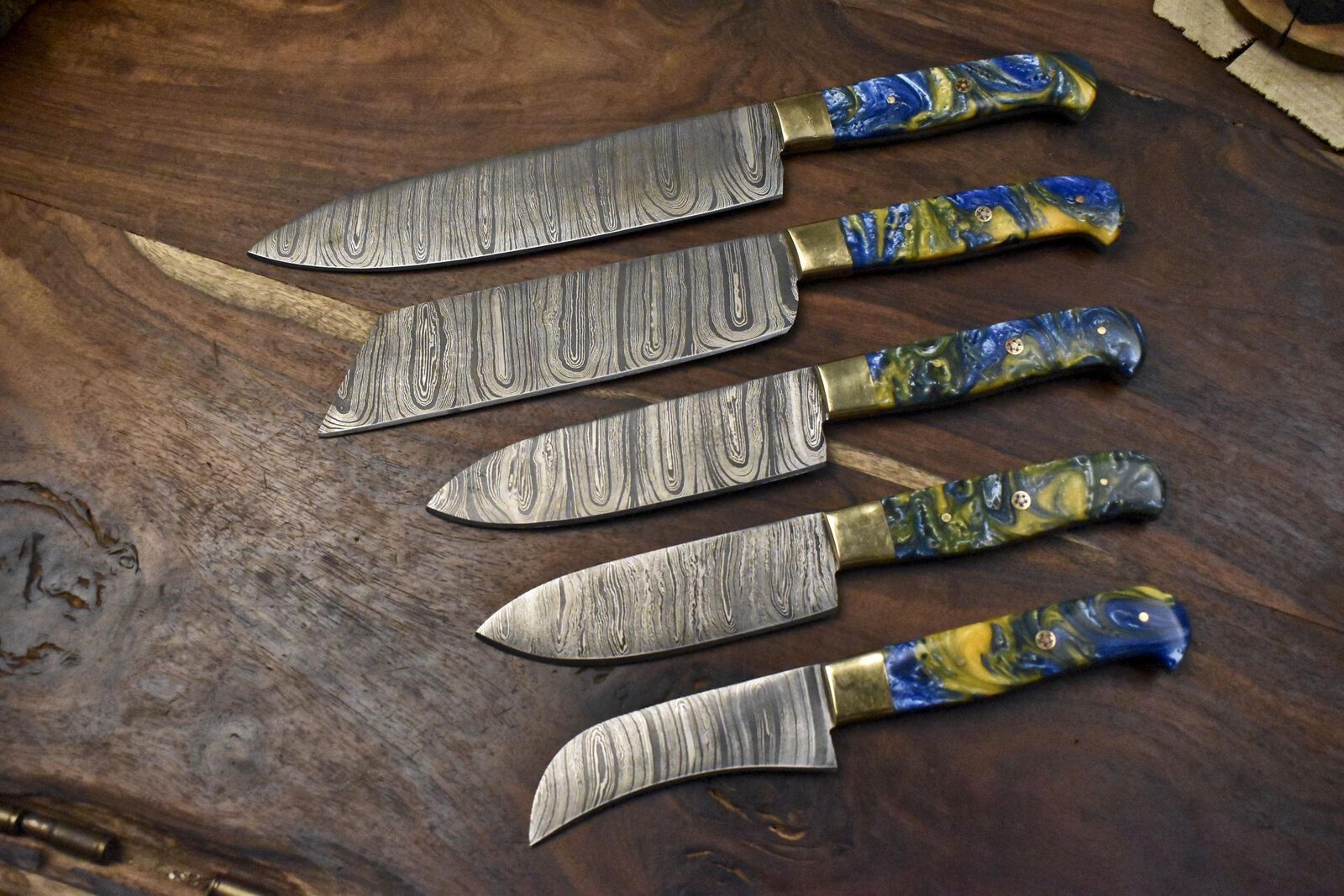 5pcs professional damascus steel kitchen knife set | custom handmade cutlery