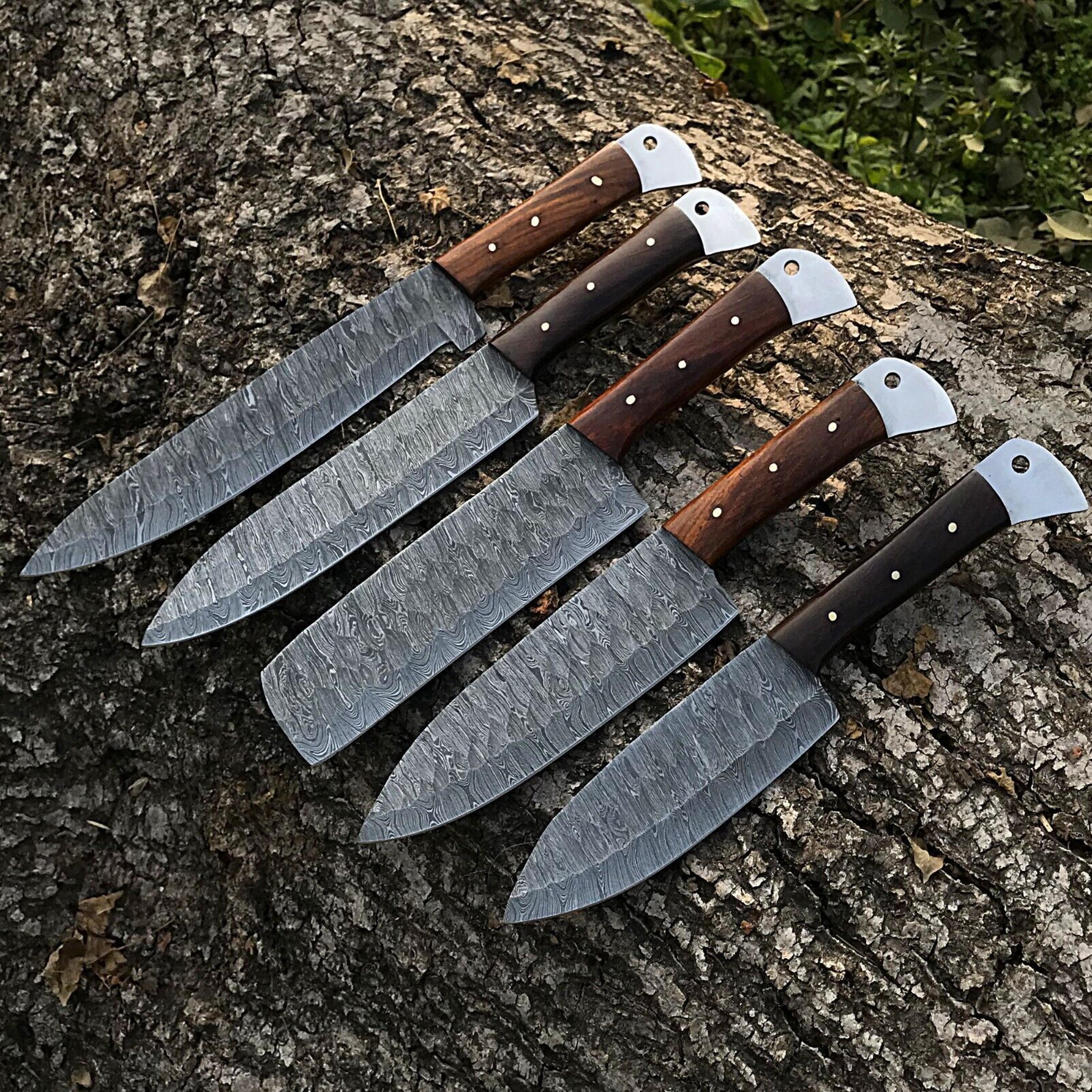 authentic damascus steel chef knife set of 5 | handmade full tang blades