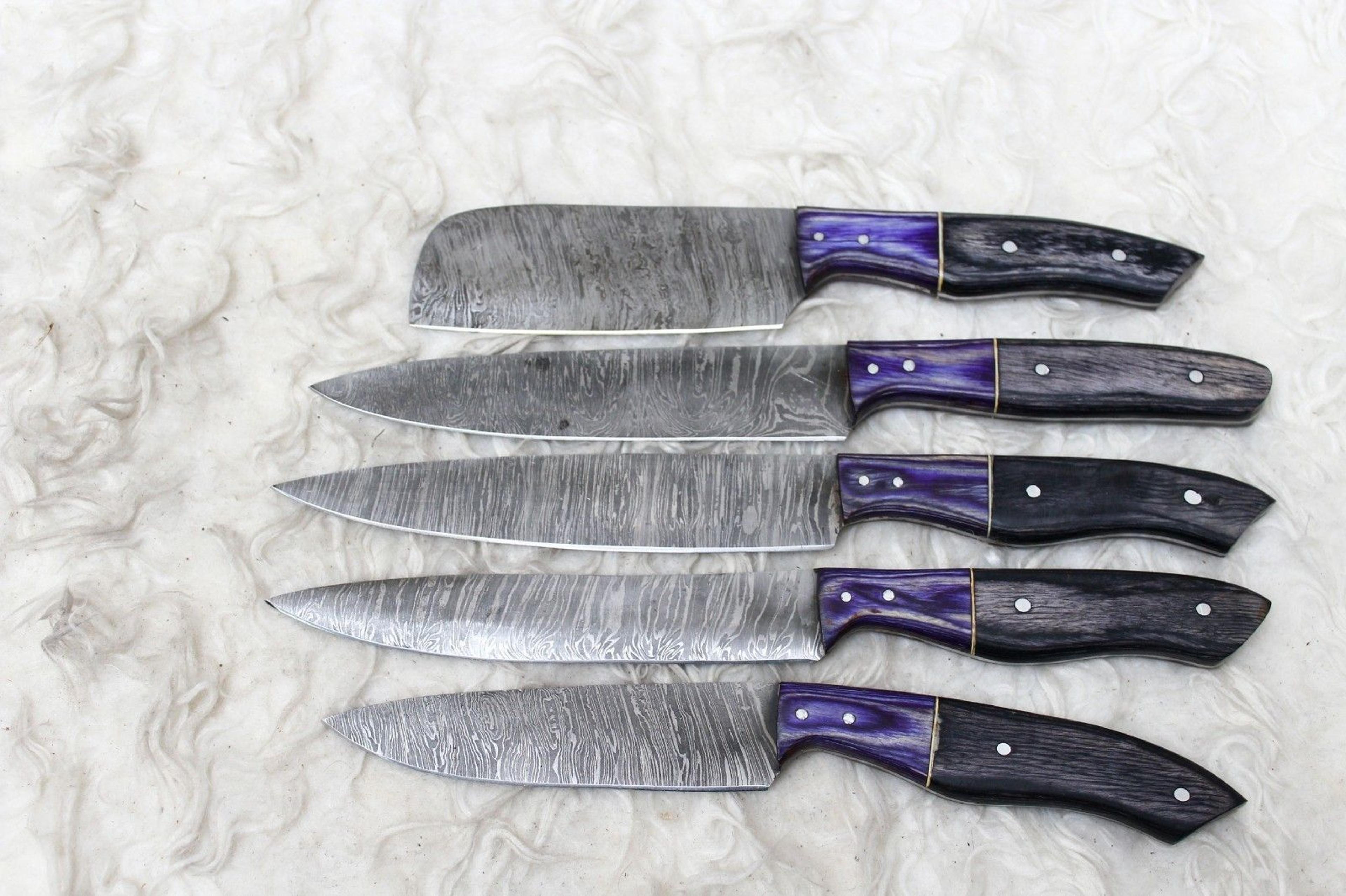 5pcs damascus steel chef knife collection | handmade forged kitchen set